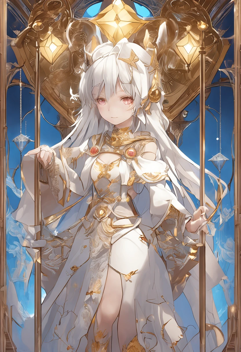 you can create a mascot by being a White Mage with white hair and blue eyes with a dimple on her cheek , com vestido branco com dourado , with accessories that show delicacy and innocence containing a heart within a triangle within a sphere in shades of gold , holding a staff with a white crystal at the tip decorated with bird wings , the light wooden staff adorned with mystical and spiritual elements . A maga Branca tem que passar um tom de elegancia , inocencia e maturidade espiritual impondo respeito . He wants her in two positions one standing and behind a pink-hued mandala. , blue and gold and the other sitting in a syrup of a white and red dragon being cleared by a light coming from above