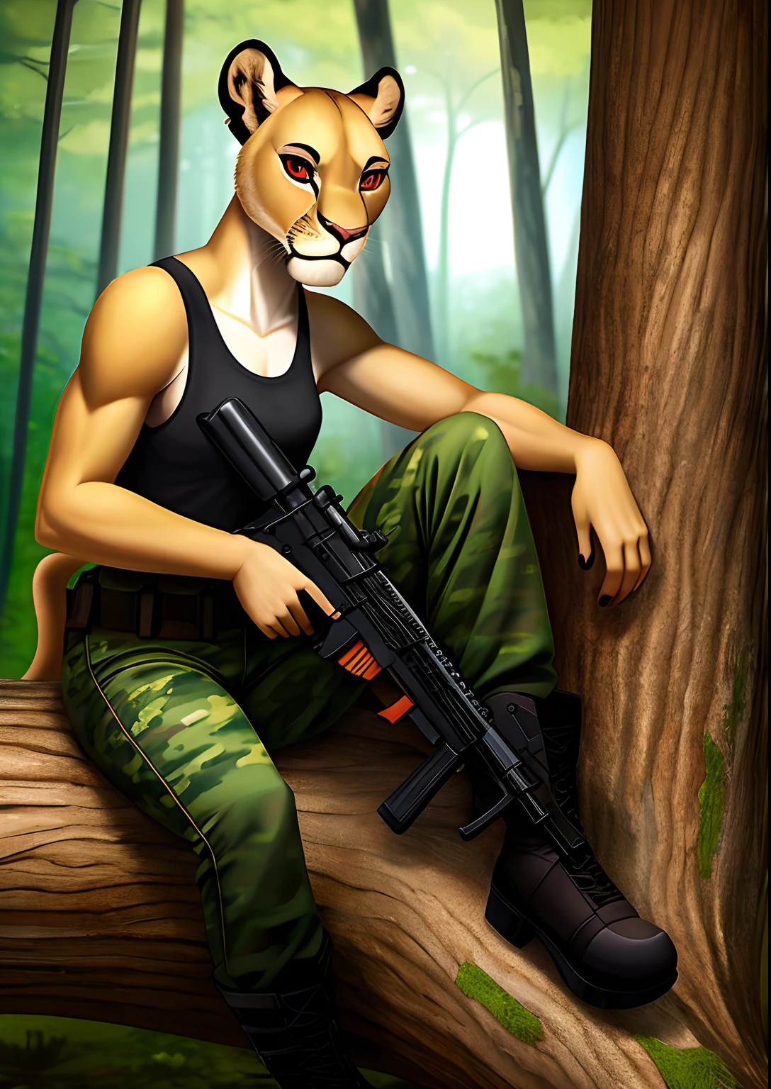 anthropomorphic, female, lioness, red eyes, wearing a white tank top, green camouflage pants, black boots, notched left ear, sitting on a tree trunk in the middle of a forest, looking at the viewer, neutral expression, holding an ak-47 assault rifle, digital art, best quality, highly detailed, masterpiece,