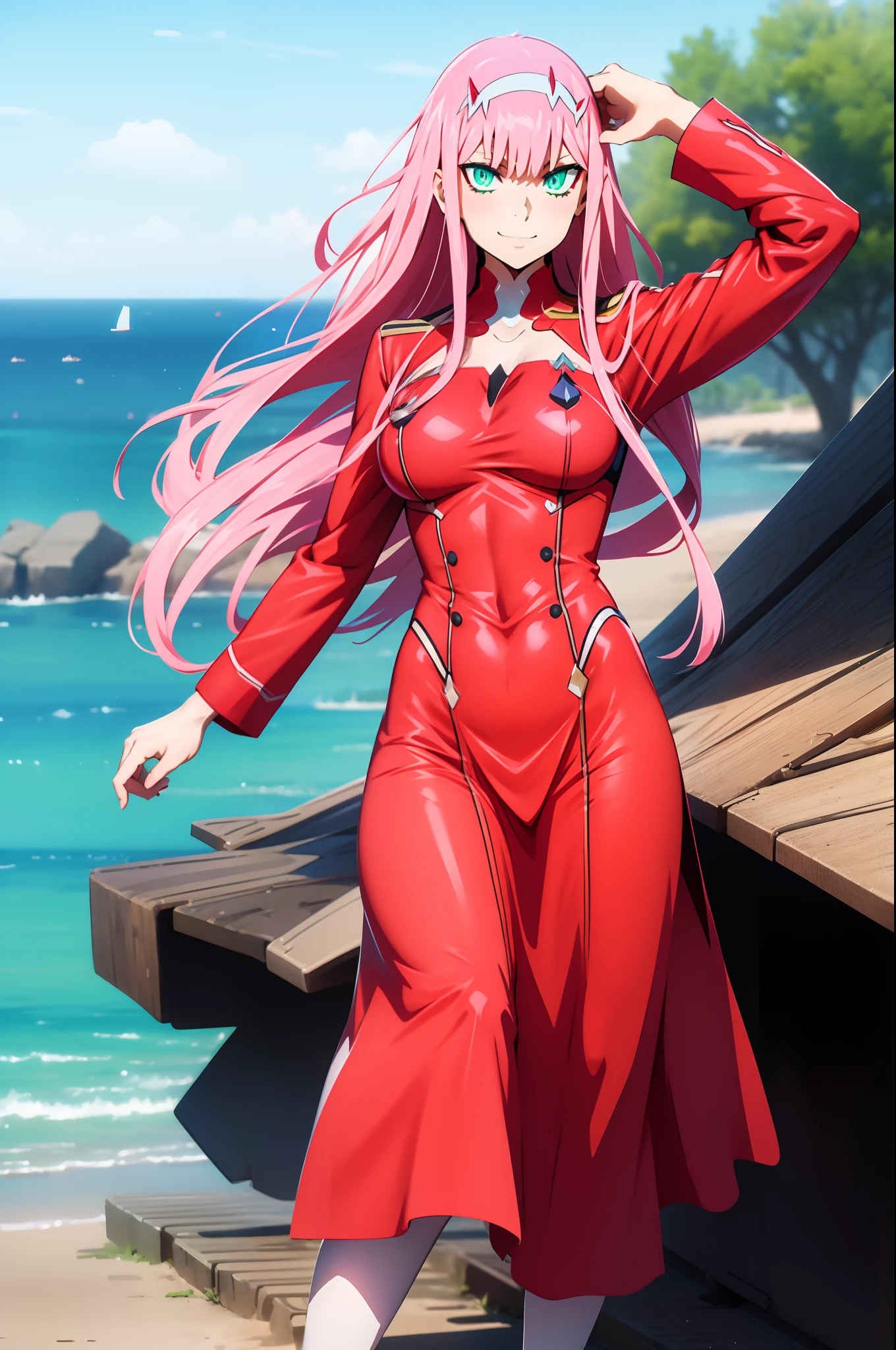 masterpiece, best quality, 1girl, looking at viewer, cute, beach, sunlight, ocean, medium breasts, thighhighs, black thighhighs, green eyes, zero two \(darling in the franxx\), pink hair, beautiful detailed eyes, beautiful detailed glow, lots of glow, arms behind head, embarrassed,, long dress, walking, long skirt, modest, victorian clothing, lodress, pants, smile, big breast, long skirt, skirt, pants, flipflops waiting to start