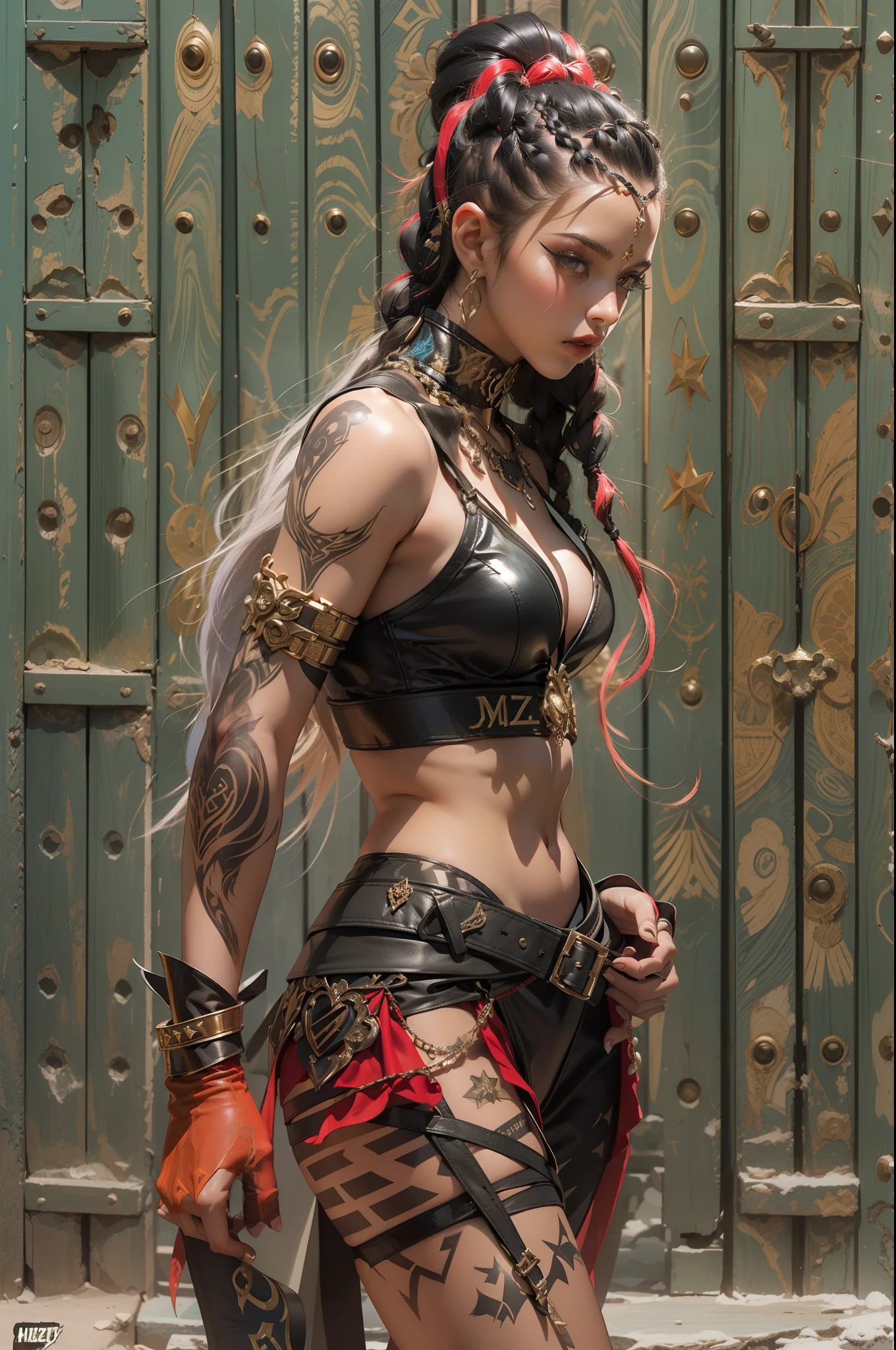 (((mulher))), (((melhor qualidade))), (((obra prima))), (((adulto))), ((( Vision from the waist up ))), Uma mulher gladiadora loira, of 30 years with athletic body, arabic , capuz, (((sozinho))), (((1girl))) , Gladiadores do Brooklyn, quase nua no estilo selvagem urbano de Simon Bisley para a capa da revista Heavy Metal, cabelos moicanos, pose sensual, tiny leather panties, , Minimum clothing, black and red arabesque pattern, armadura, cheio de pontas e estrelas, (((da cintura pra cima))), mohawk hair with small braids, explosion of colors, Wowdk