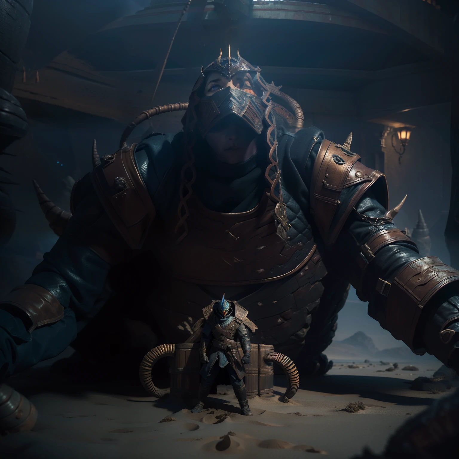 Dune Demon，sandworm，macro，Panorama Figures，Insanely meticulous，intricately details，Cinematic 3D rendering，Cinematic lighting，photorealestic，terrifed，thriller，in a desert，Desert palace exterior，Masked Dune humans，Full black eyeballs，the detail，8K，brightly，Multi-color