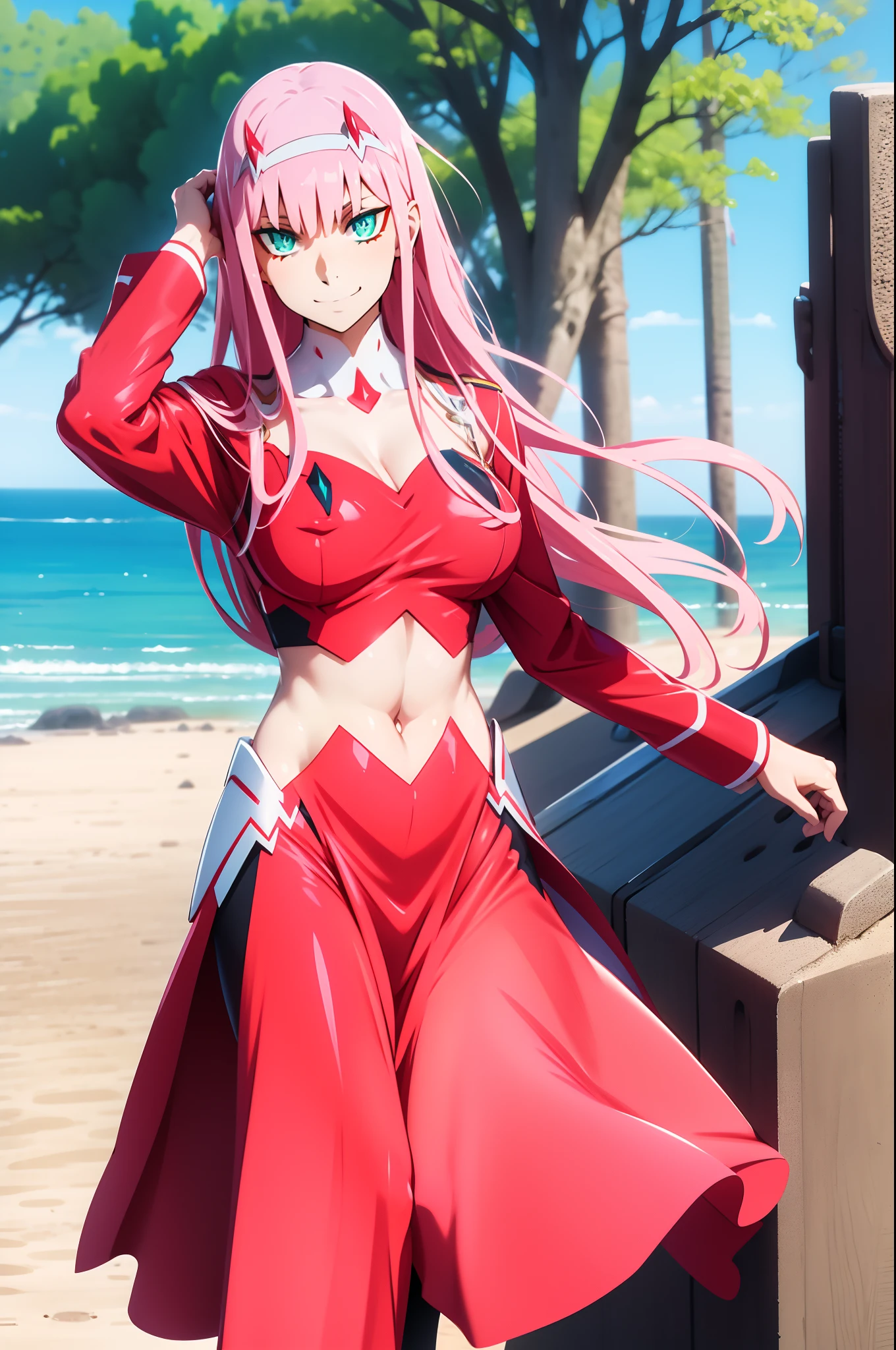 masterpiece, best quality, 1girl, looking at viewer, cute, beach, sunlight, ocean, medium breasts, thighhighs, black thighhighs, green eyes, zero two \(darling in the franxx\), pink hair, beautiful detailed eyes, beautiful detailed glow, lots of glow, arms behind head, embarrassed,, long dress, walking, long skirt, modest, victorian clothing, lodress, pants, smile, big breast, long skirt, skirt, pants, flipflops waiting to start