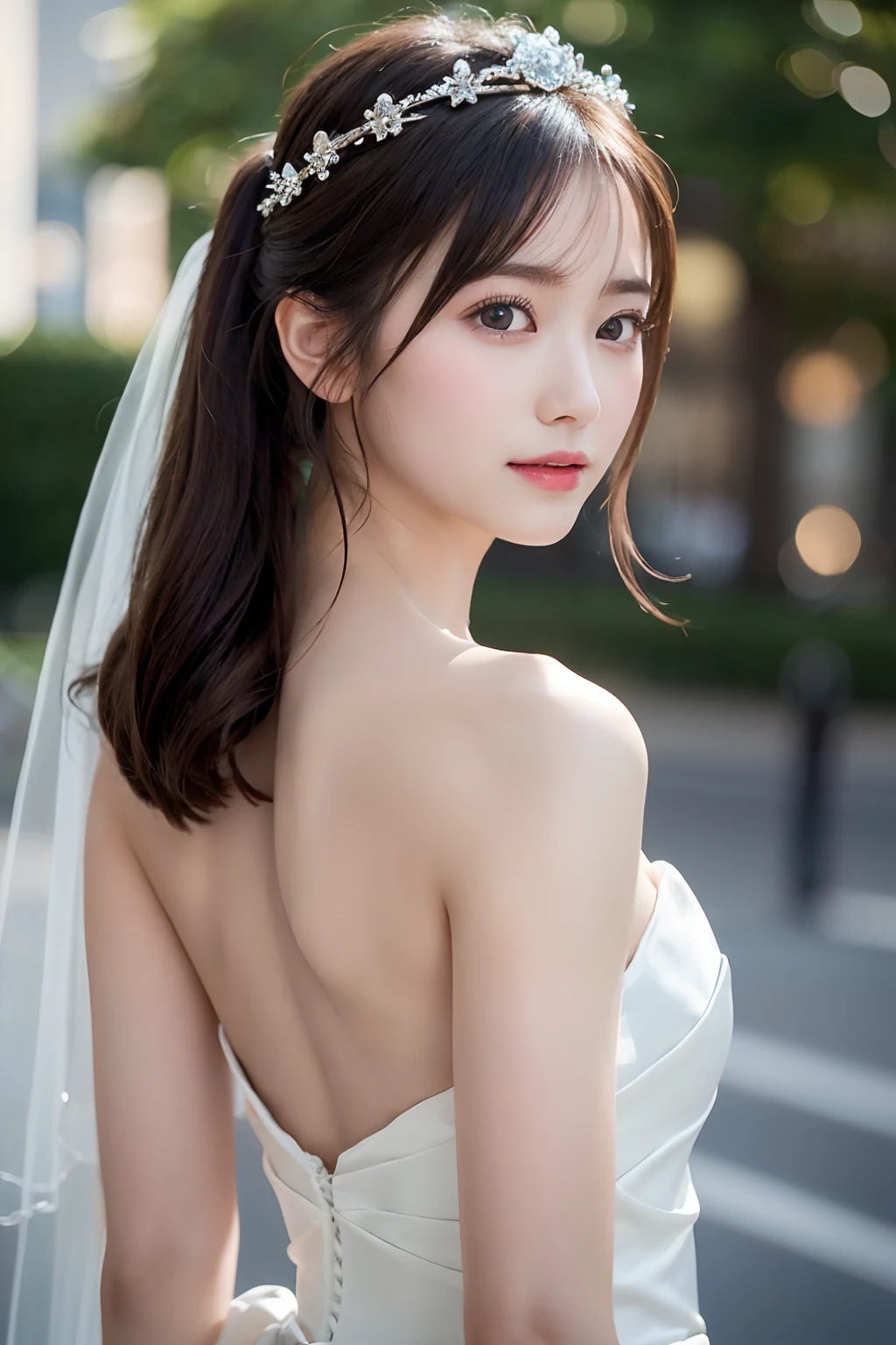 (extremely delicate and beautiful work)、(masterpiece)、Very detailed princess wedding dresses、Bridal tiara、Bridal Veil、poneyTail、A charming expression、Beautiful and clear eyes、Simple blurry background、mare、Ultra-fine painting、delicated face、Delicate figure、thin clavicle、Beautiful lips、Soft back view、(8K、Raw photography、top-quality、masterpiece:1.2), (reallistic, Photorealsitic:1.37)、Cute、Professional Lighting, Photon mapping, Radio City, physically-based renderingt, ((Upper body))、((frontage))、((The skin on the back hides))