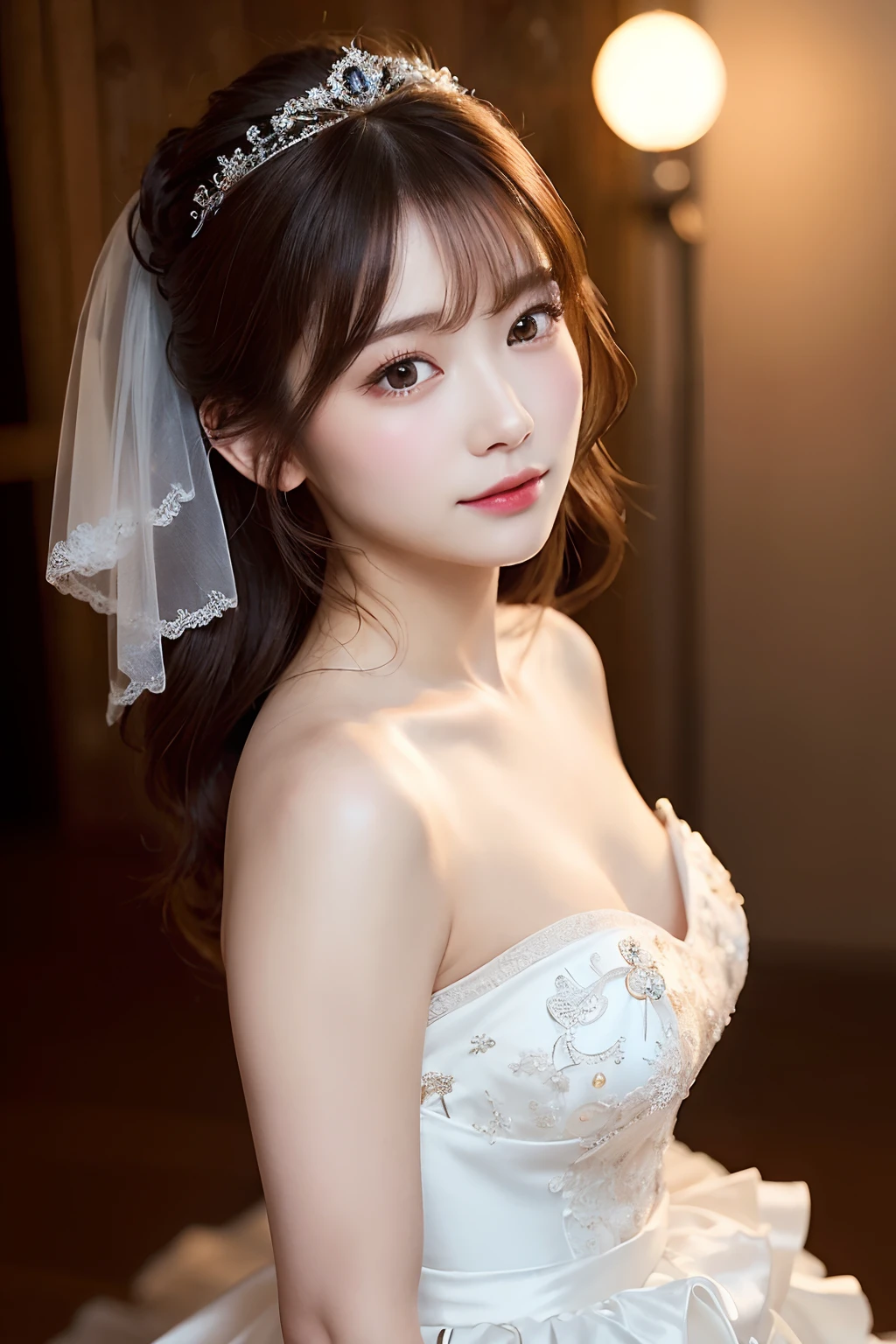 (extremely delicate and beautiful work)、(​masterpiece)、Very detailed princess wedding dresses、Bridal tiara、Bridal Veil、poneyTail、A charming expression、Beautiful and clear eyes、Simple blurry background、mare、Ultra-fine painting、delicated face、Delicate figure、thin clavicle、Beautiful lips、、(8K、Raw photography、top-quality、​masterpiece:1.2), (reallistic, Photorealsitic:1.37)、Cute、Professional Lighting, Photon mapping, Radio City, physically-based renderingt, (((low angle full body shot)))