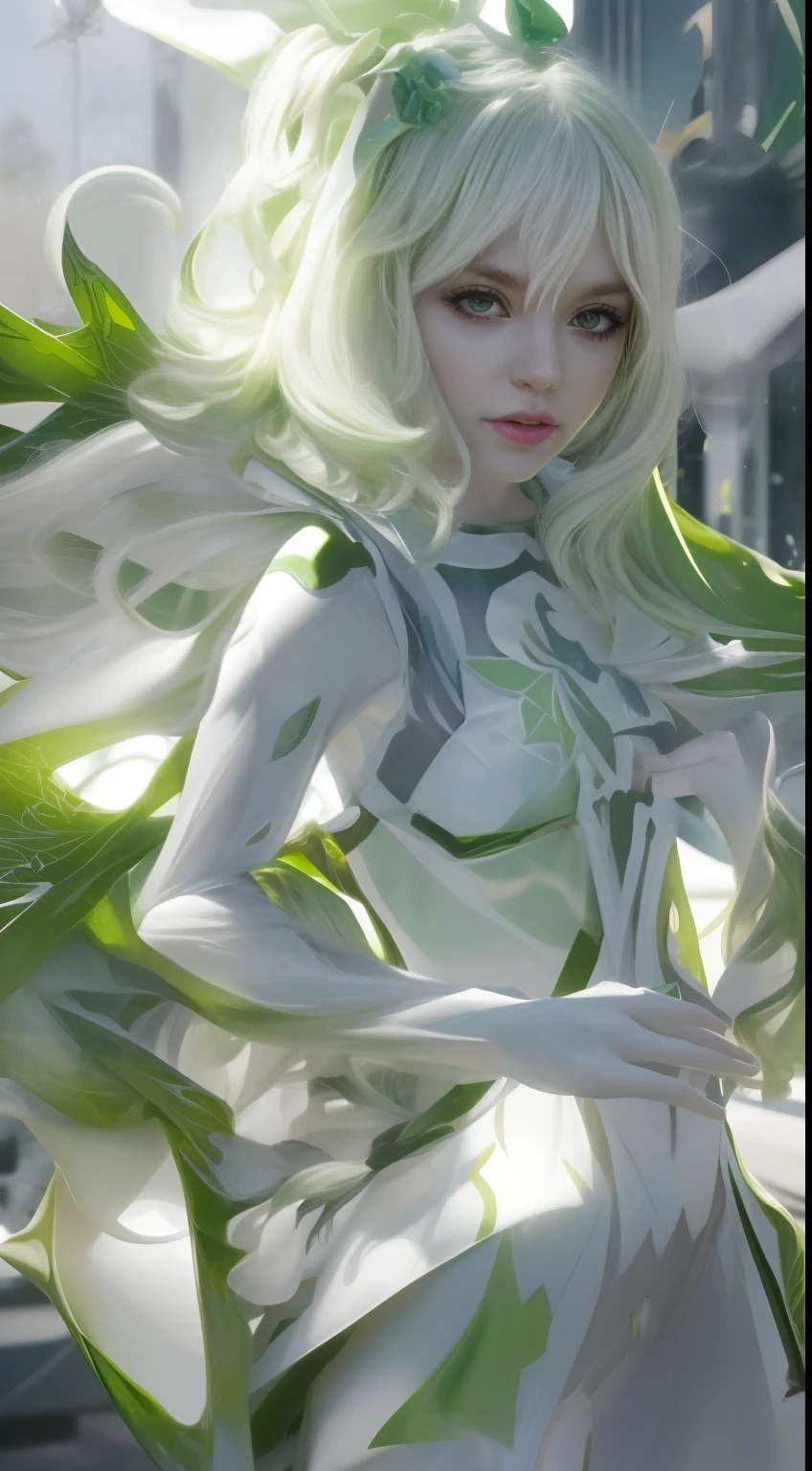 "((best quality,best ilumination)), Cute model with long white hair and athletic body, abdomen detalhado (((vestindo a SPIDER-GWEN))), seios acentuados e destacados, dynamic pose, fundo colorido, high saturation, luzes vibrantes." corpo inteiro (((Cabelo branco e verde))) ((detailed hands))