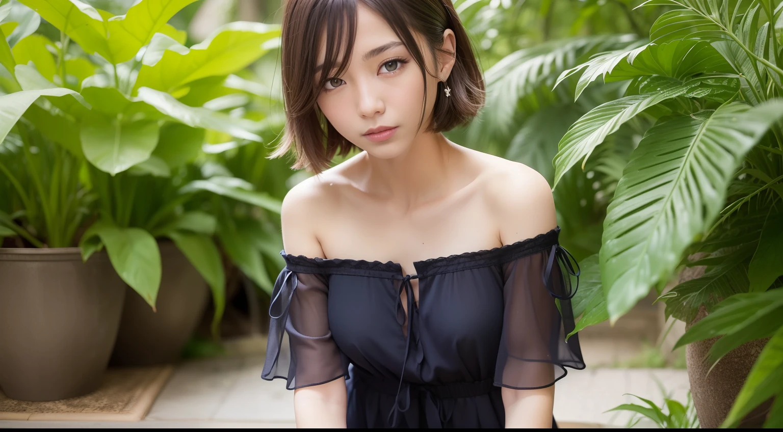 (Japanese idol, 1 girl, unparalleled beauty, Seduce, smile, small face, perfect style, Body based on human mechanics, Raw photo, real person:1.4) photograph, (professional lighting), (((highly detailed face))), ((double eyelids)), (Tits sharp focus:1.4), (brown hair, ponytail, elegant light makeup, eyeliner, mascara:1.4), huge , [[[abs, Muscular body, Sixpad]]], beautiful smooth skin, soft looking skin, 20-year-old, ((slim body, small ass, slender)), (black dress, I can see the cleavage, terrace, tifa lockhart:1.4), attractive face, NSFW, 