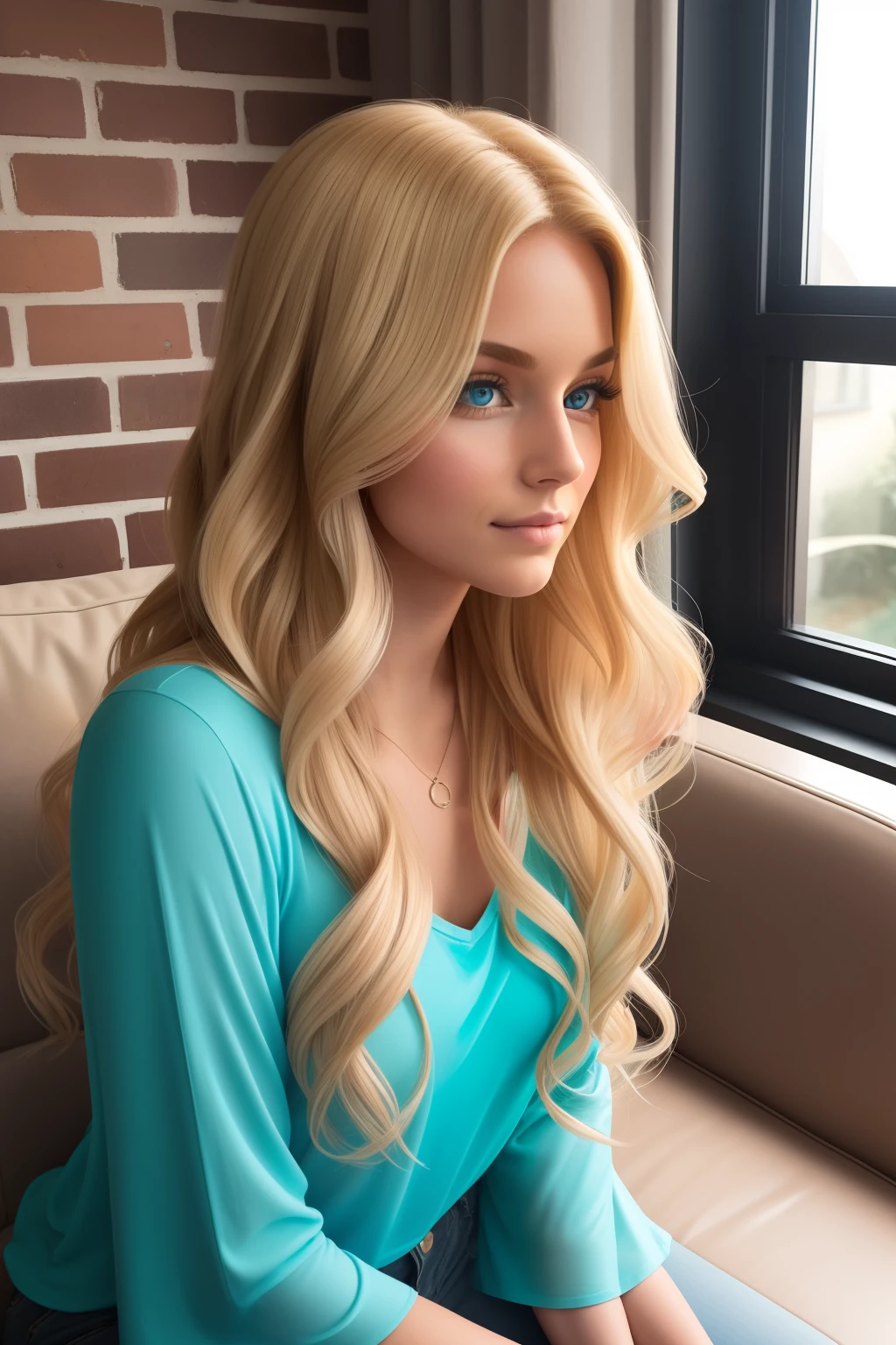 extremely beautiful 24 year old girl with blond hair, long and wavy. She has blue eyes and a light blue top on with big flowy sleeves. She has a side part. Her skin is tanned by the sun. She sits on the couch, profile view. She sits on the left of the couch facing the right side. its a night and there is a brick wall behind her and a big window
