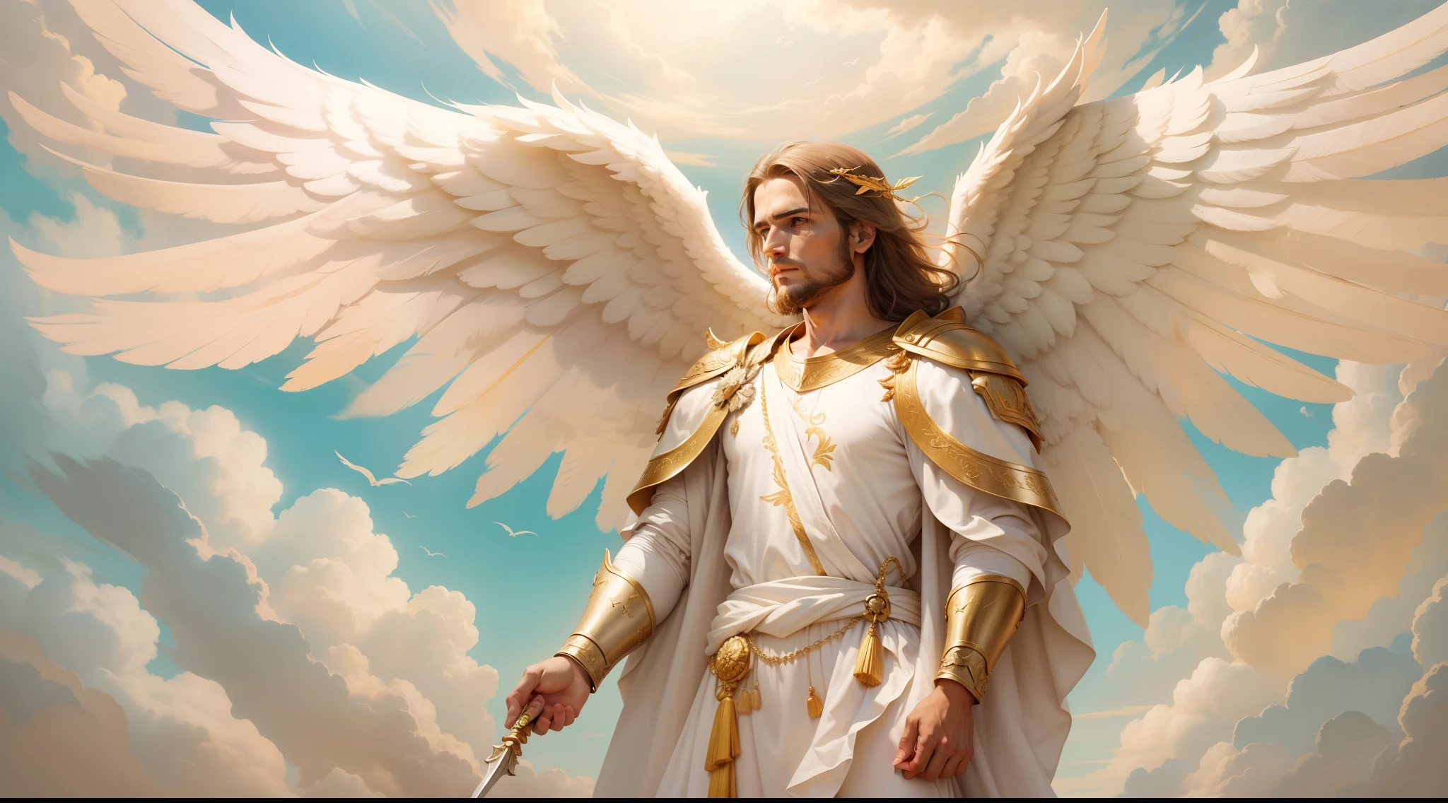 There is a painting of an angel with wings in the sky, Anjo majestoso de corpo inteiro, vestido com roupas brancas e vermelhas, biblical accurate angel, Arcanjo Miguel, anjo protegendo em guarda, angel spirit guide, angelic, Arcanjo Miguel, humano alado, epic angel wings, anjo lindo, anjo, being brilliant angelic, angelic, Tema de anjo, Alto Anjo tiro distante, Biblical setting, anjo guerreiro, with a spear in his hand, vestes vermelhas estilo soldado romano, anjo aparentando idade de 40 anos e majestoso