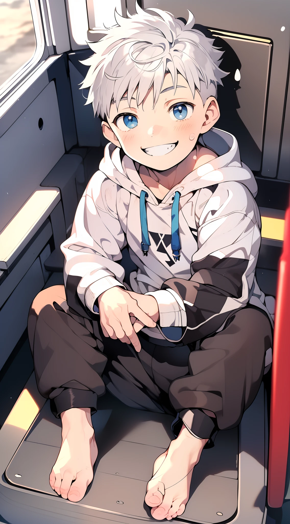 Masterpiece, chubby  boy with white hair and shiny bright blue eyes and barefoot wearing a hoodie, and oversized sweatpants sitting in a train, young, boy, child,l, toddsoft lit, (sweatpants:1.4), (Boy:1.4), (Shota:1.4), (Young:1.4), (Male:1.4), (smiling:1.4), (foot:1.4), (shy:1.4),