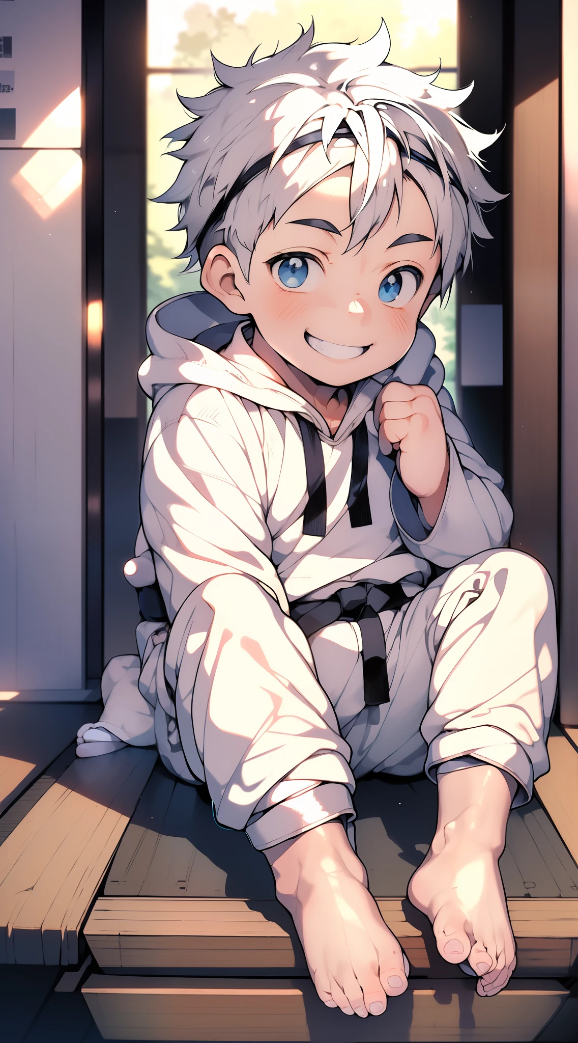 Masterpiece, chubby ********** with white hair and shiny bright blue eyes and barefoot wearing a hoodie, and oversized sweatpants sitting in a train, young, boy, child, small, toddler, soft light, (sweatpants:1.4), (Boy:1.4), (Shota:1.4), (Young:1.4), (Male:1.4), (smiling:1.4), (foot:1.4), (shy:1.4),