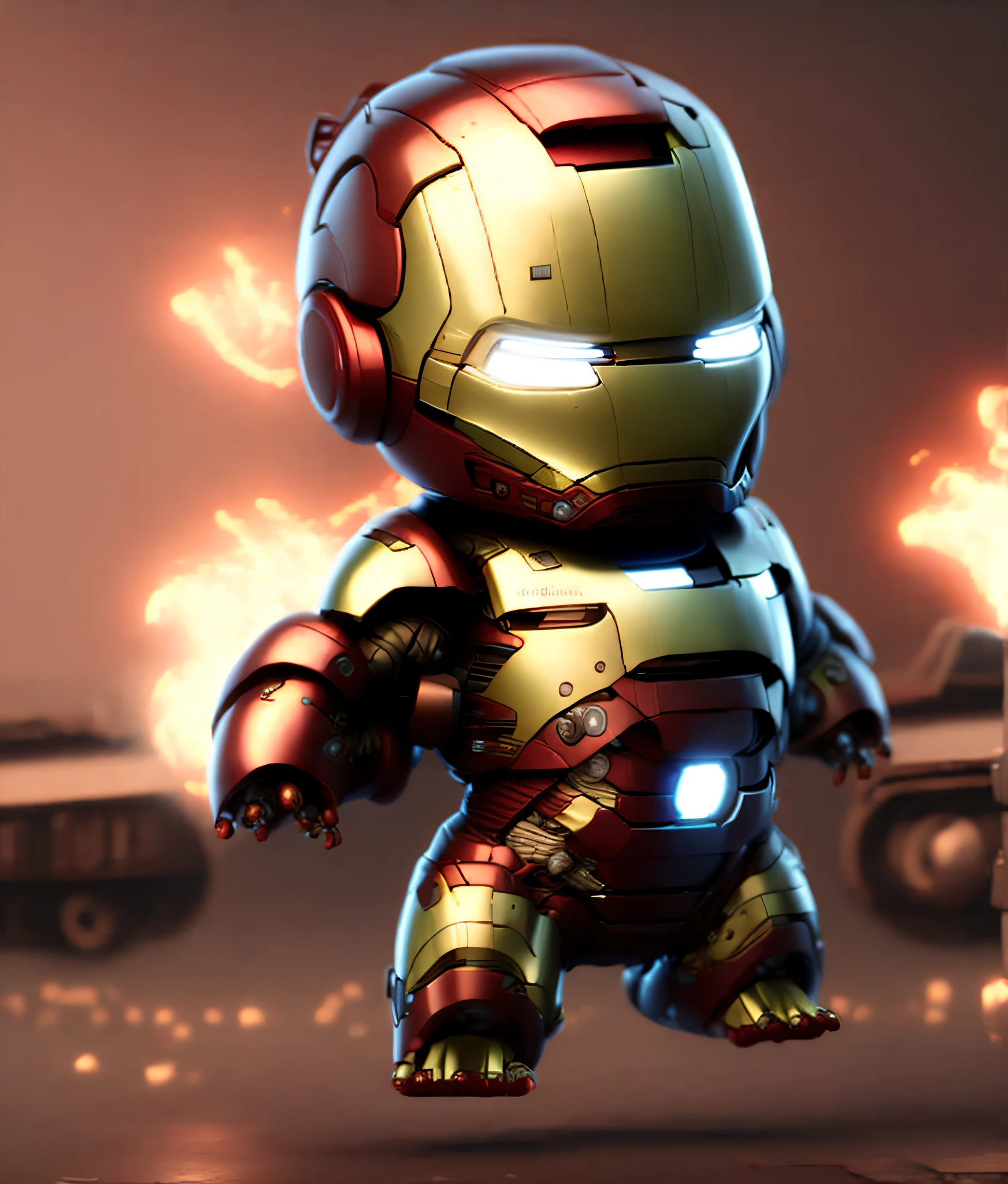 cinematic shot of cute iron man realistic, surrounded by fire, seamless, epic, cinematic, intricate details, award-winning, great lighting, shading, high quality, detailed