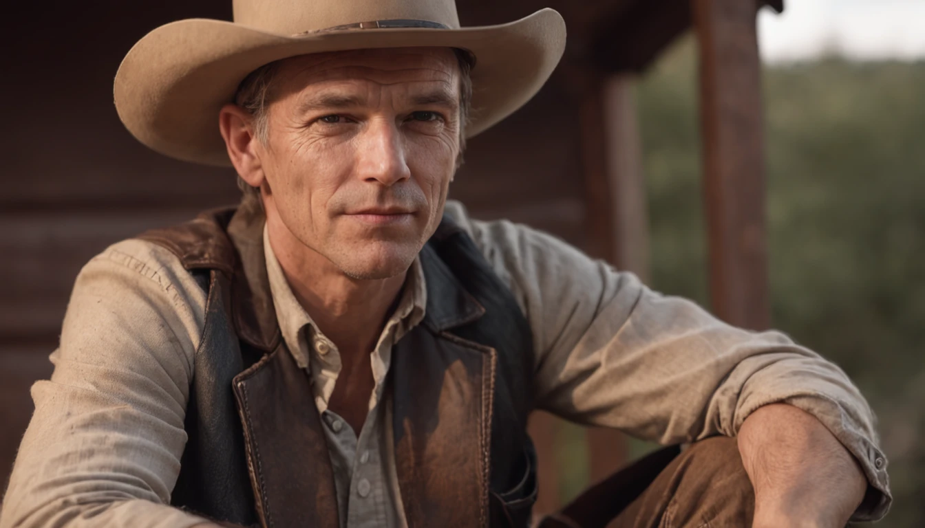 An ultra-realistic photo of a male cowboy with a hyper detailed face sitting in a rocking chair on the porch of an old wooden house western movie dramatic lighting HD 16K