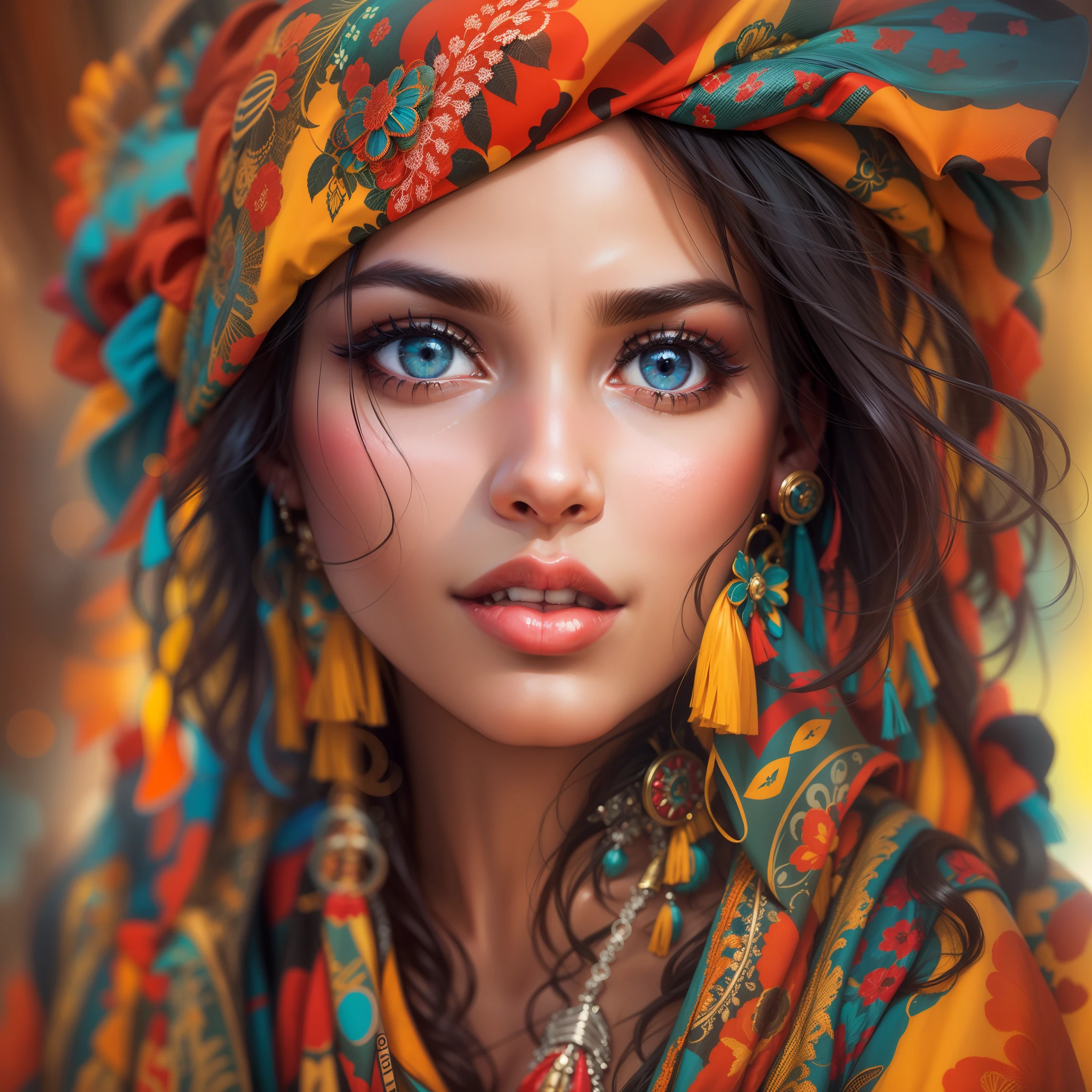 Create a Most Beautiful Woman Picture, from South America, Colombia, beautiful woman most beautiful, pretty girl, pretty woman, art (picture:1.3), (cover-style:1.3), fashionable, woman, vibrant, outfit, posing, front, colorful, background, striking, modern, trendy, fashion, Detailed face, flawless skin, Detailed eyes, perfect eyes,