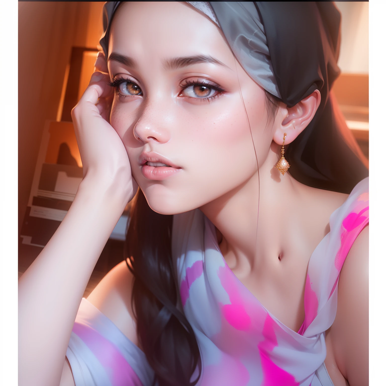 a photo portrait of a beautiful malay girl with hijab and few freckles, (plain pastel pink hijab), (medium shot portrait:1.3), dramatic light , Rembrandt lighting scheme, (hyperrealism:1.2), (8K UHD:1.2), (photorealistic:1.2), shot with Canon EOS 5D Mark IV, detailed face, detailed skin texture