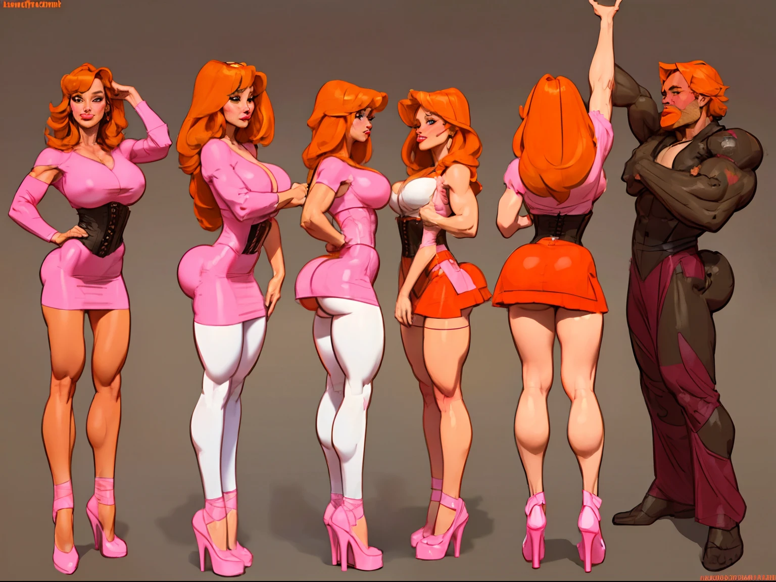 ((masterpiece)),(((best quality))),((character design sheet)), illustration,1woman, environment Scene change, hair bangs,((black corset)), muscular, white legs, thick legs, (white skin:1.2)scribbles and marks, fire, ((detailed face:1.1)), rough sketches, pose too, ((orange hair:1.2)), (pink dress:1.4) , 8k,16k, (simple background, light background: 1.3)