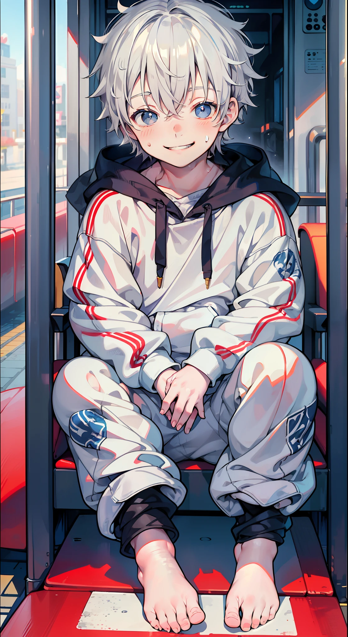 Masterpiece, chubby  boy with white hair and shiny bright blue eyes and barefoot wearing a hoodie, and oversized sweatpants sitting in a train, young, boy, child,l, toddsoft lit, (sweatpants:1.4), (Boy:1.4), (Shota:1.4), (Young:1.4), (Male:1.4), (smiling:1.4), (foot:1.4), (shy:1.4),