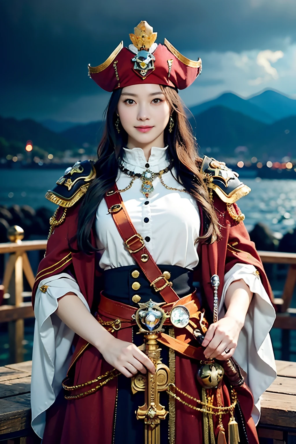 (masutepiece), professional , tmasterpiece、top-quality、Photos realistic , (Jewel silver metal body:1.9),(Matte white、(Put on a pirate hat)、Jeweled gold weapon(Gemstone metal body:1.4),Gorgeous metal weapon , Sword of the Brave in detail , Beautiful knife ,Warhammer 40k , The port town、Adeputa solo Ritas,Details and gorgeous jewelry crowns、Black hair、Gan Le forest background、Beautiful Caucasian beauty、1One guy、dynamic ungle,(((A delicate and gorgeous diamond crown)))、Smaller head、A smile、Take a pose、Background inside the castle、Slender and beautiful female hands、nedium breasts、Soldiers in iron armor on the background、Man soldier in iron armor on background、Sea view、Pirate ship、The woman or stands in the middle、Lots of pirate ships、Luminous Particle,Light scattering,Tindall effect