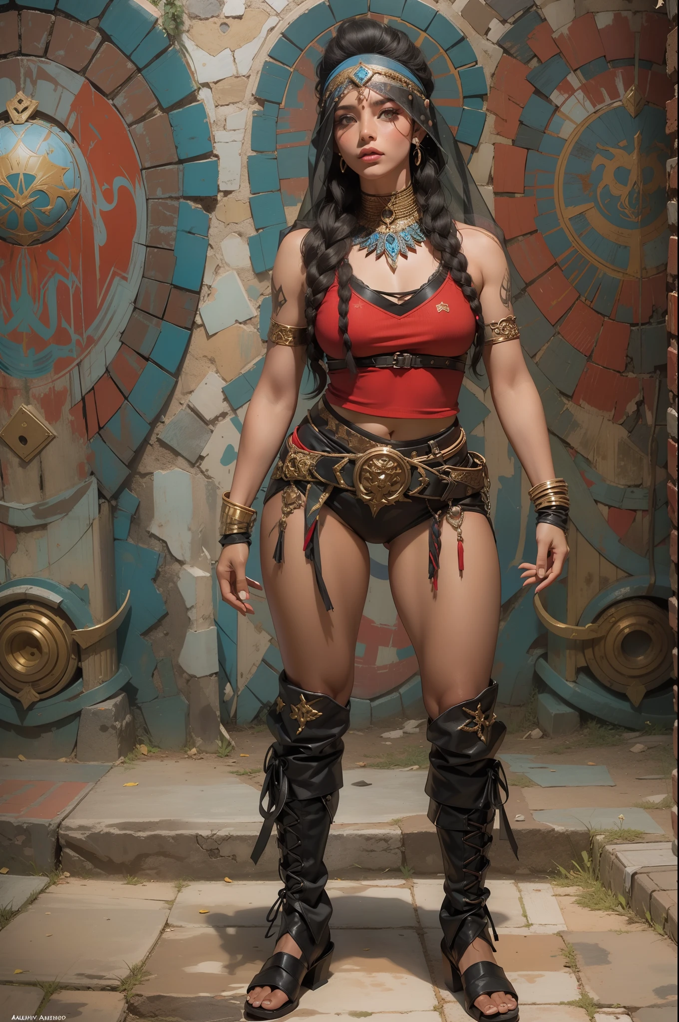 (((mulher))), (((melhor qualidade))), (((obra prima))), (((adulto))), ((( Vision from the waist up ))), Uma mulher gladiadora loira, of 30 years with athletic body, arabic , capuz, (((sozinho))), (((1girl))) , Gladiadores do Brooklyn, quase nua no estilo selvagem urbano de Simon Bisley para a capa da revista Heavy Metal, cabelos moicanos, pose sensual, tiny leather panties, , Minimum clothing, black and red arabesque pattern, armadura, cheio de pontas e estrelas, (((da cintura pra cima))), mohawk hair with small braids, explosion of colors, Wowdk