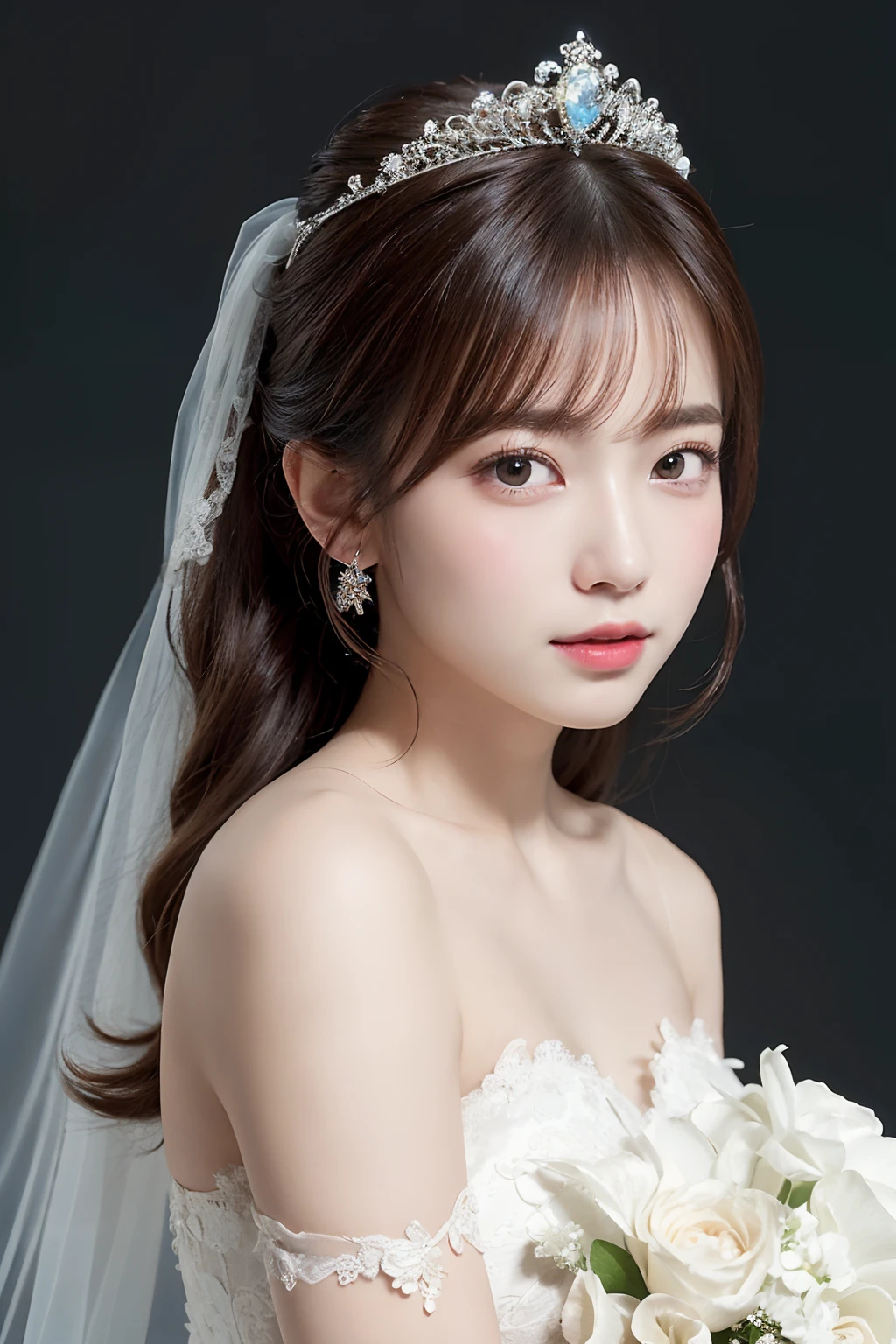 (extremely delicate and beautiful work)、(masterpiece)、Very detailed princess wedding dresses、Bridal tiara、Bridal Veil、poneyTail、A charming expression、Beautiful and clear eyes、Simple blurry background、mare、Ultra-fine painting、delicated face、Delicate figure、thin clavicle、Beautiful lips、、(8K、Raw photography、top-quality、masterpiece:1.2), (reallistic, Photorealsitic:1.37)、Cute、Professional Lighting, Photon mapping, Radio City, physically-based renderingt, (((low angle full body shot)))