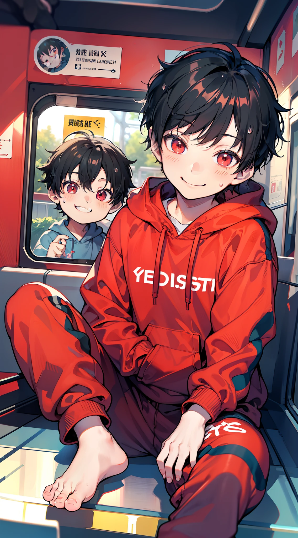 Masterpiece, chubby Little boy with black hair and shiny bright red eyes and barefoot wearing a hoodie, and oversized sweatpants sitting in a train, young, boy, child, small, toddler, soft light, (sweatpants:1.4), (Boy:1.4), (Shota:1.4), (Young:1.4), (Male:1.4), (smiling:1.4), (foot:1.4), (shy:1.4),