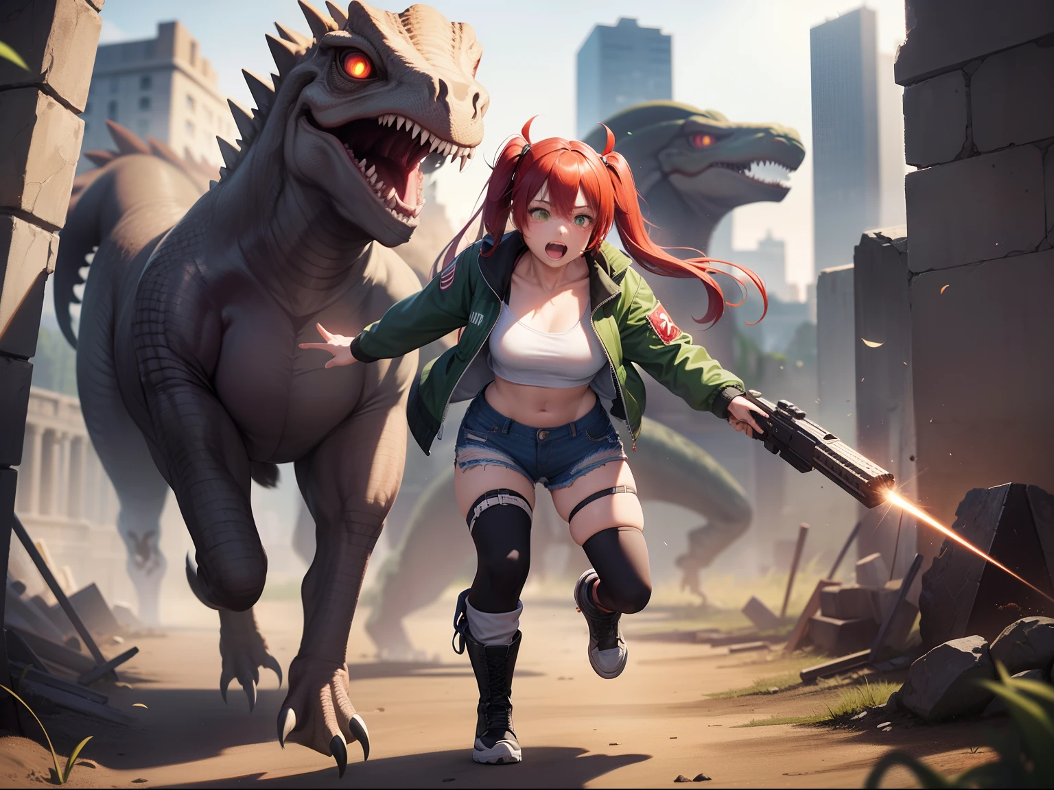 Female asian Irina Shidou red hair twintails green eyes, (1 girl) (1 raptor dinosaur) in ancient Mayan ruins, wearing a bomber jacket and crop top and denim shorts, laser rifle in right hand, shooting laser rifle, running away from a giant raptor dinosaur, big scary raptor dinosaur running behind girl. Big terrifying raptor dinosaur with open mouth running very fast, ray tracing, reflection light, depth of field, full body shot, masterpiece, best quality, high details, high quality, ccurate, textured skin, UHD