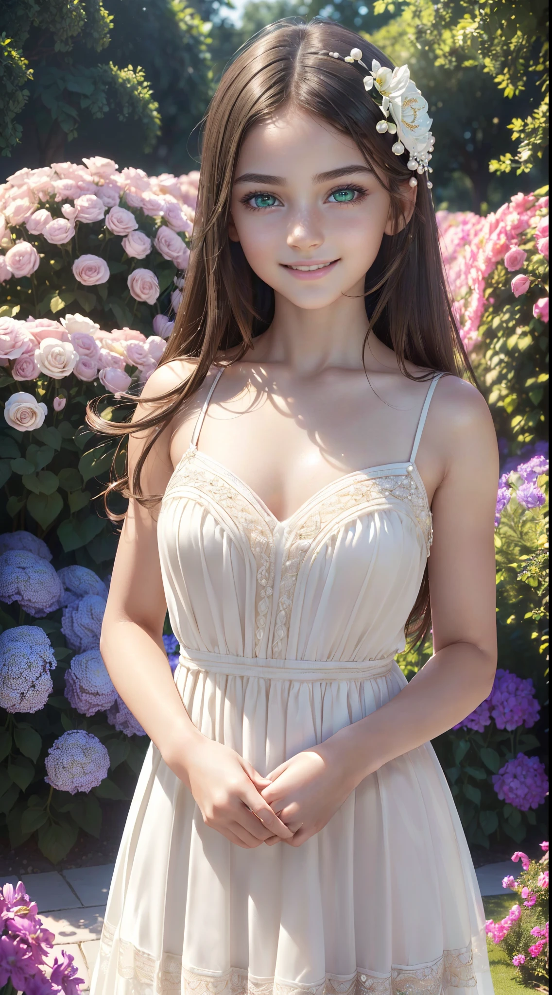an extremely beautiful girl, with intrinsic details, totally out of the ordinary, with a beautiful smile, wearing a beautiful silk dress, in a flower field, alone, on a sunny summer day