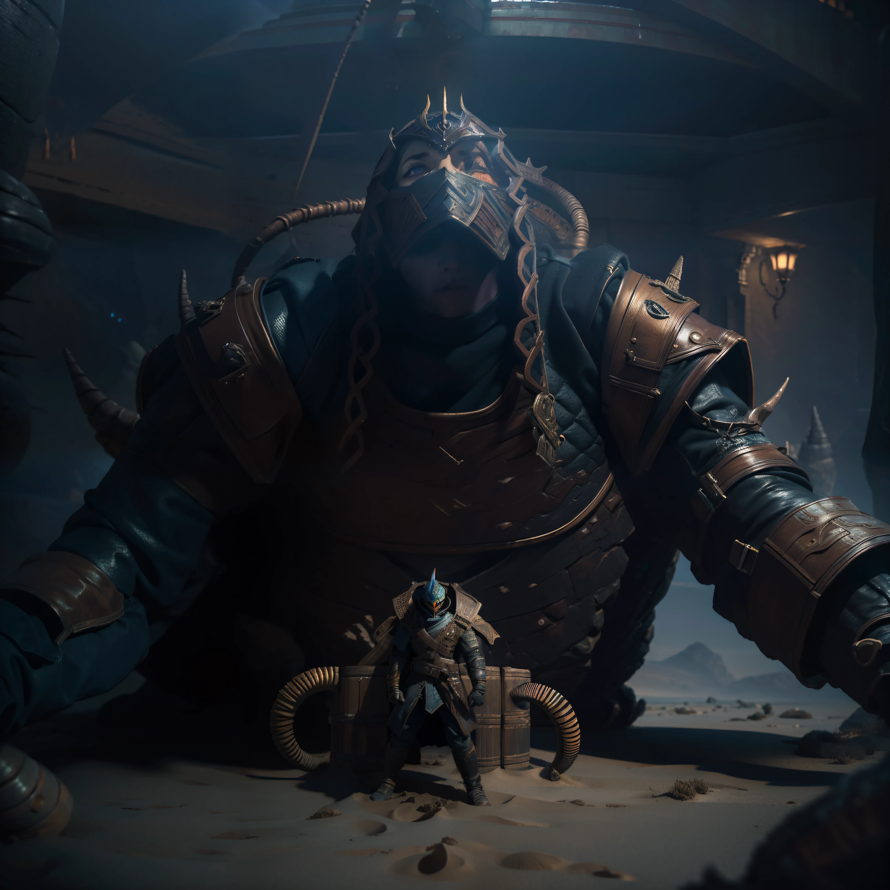 Dune Demon,sandworm,macro,Panorama Figures,Insanely meticulous,intricately details,Cinematic 3D rendering,Cinematic lighting,photorealestic,terrifed,thriller,in a desert,Desert palace exterior,Masked Dune humans,Full black eyeballs,the detail,8K,brightly,Multi-color