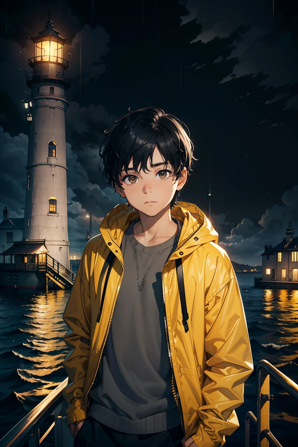 young boy, wearing a gray sweater, looking at viewer, detailed face, black hair, on a boat, yellow rain jacket, lighthouse in the background, Night, rain, Black clouds in the sky, light only on the lighthouse, 4k