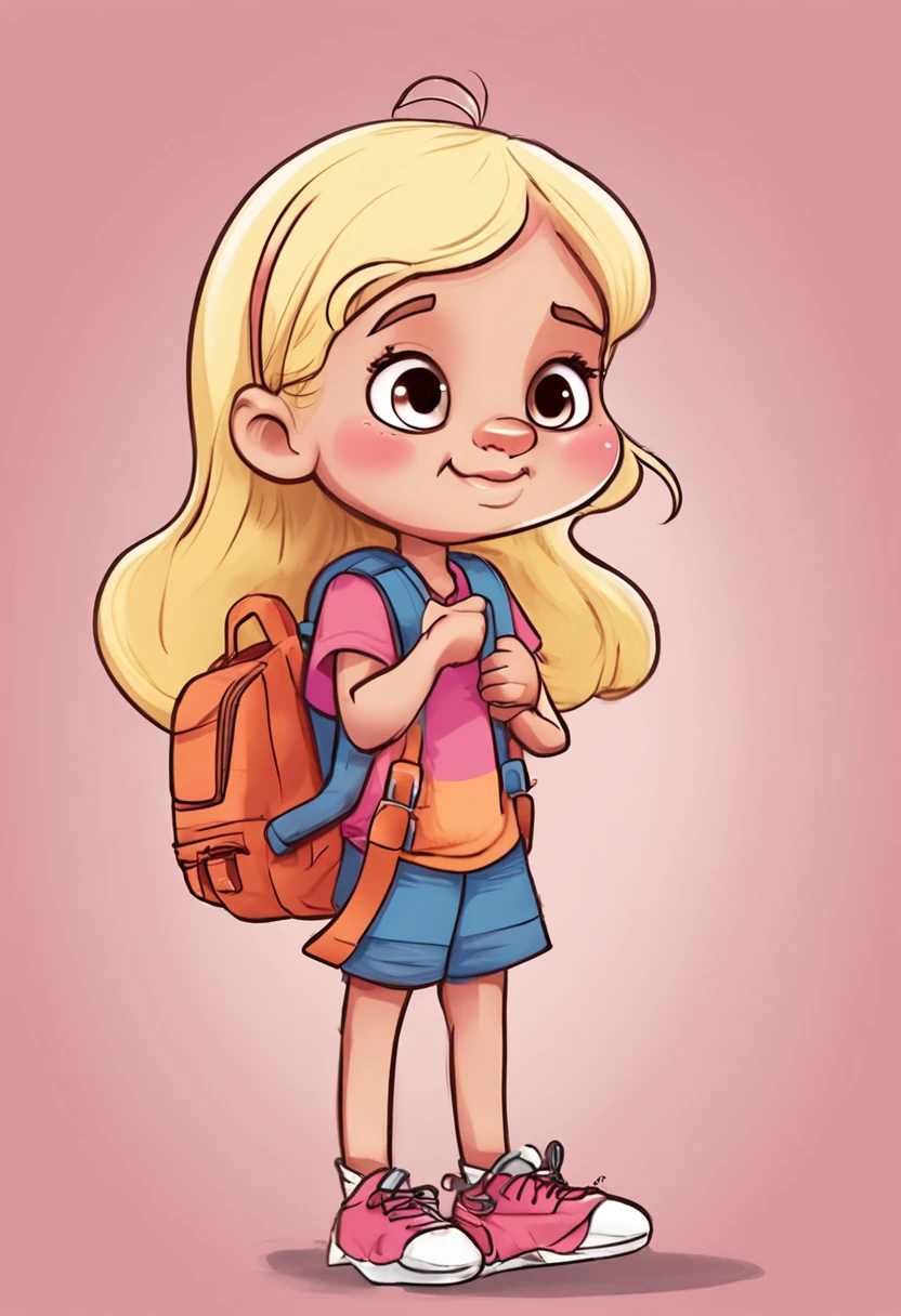 cute little explorer, in various poses and expressions against a white background, children's book illustration style, simple, cute, 6 years old, long straight blonde hair with ponytail and bangs, pink short-sleeved shirt, jeans pictures , no belt, no hat, no book, no glasses, no backpack.