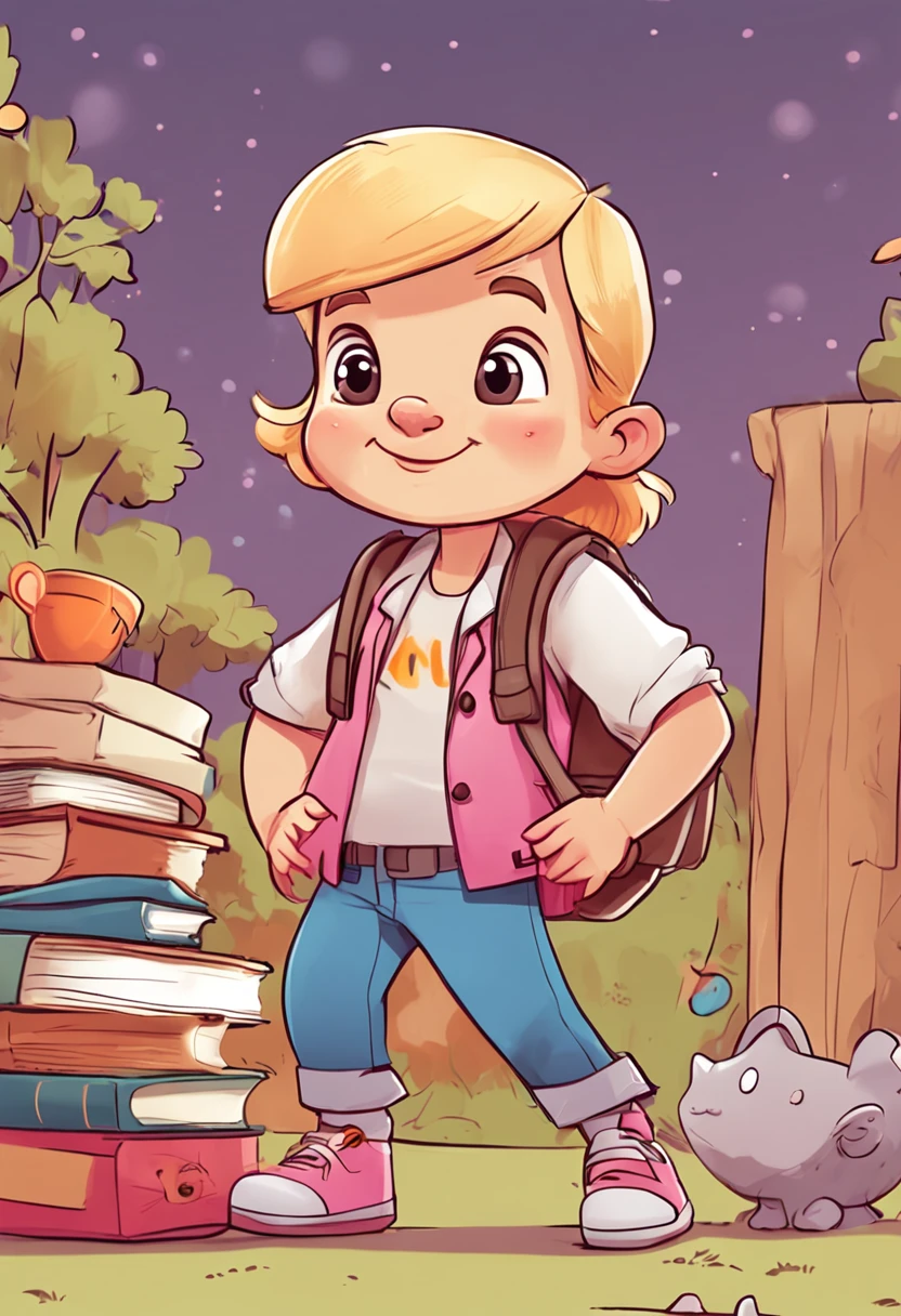 cute little explorer, in various poses and expressions against a white background, children's book illustration style, simple, cute, 6 years old, long straight blonde hair with ponytail and bangs, pink short-sleeved shirt, jeans pictures , no belt, no hat, no book, no glasses, no backpack.