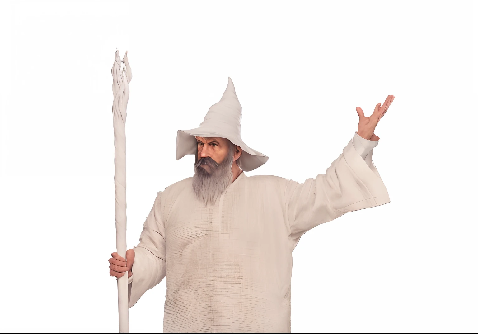 Arafed man in a white robe and hat holding a white staff, t-pose do assistente, Gandalf, o Branco, wearing a grey wizard hat, gandalf from lord of the rings, Gandalf, o Cinzento, Gandalf, mago masculino, vestido como um bruxo, Gandalf (patife, barba longa branca, longa barba branca, Velho manto de mago, com dinheiro, dollars on the feet