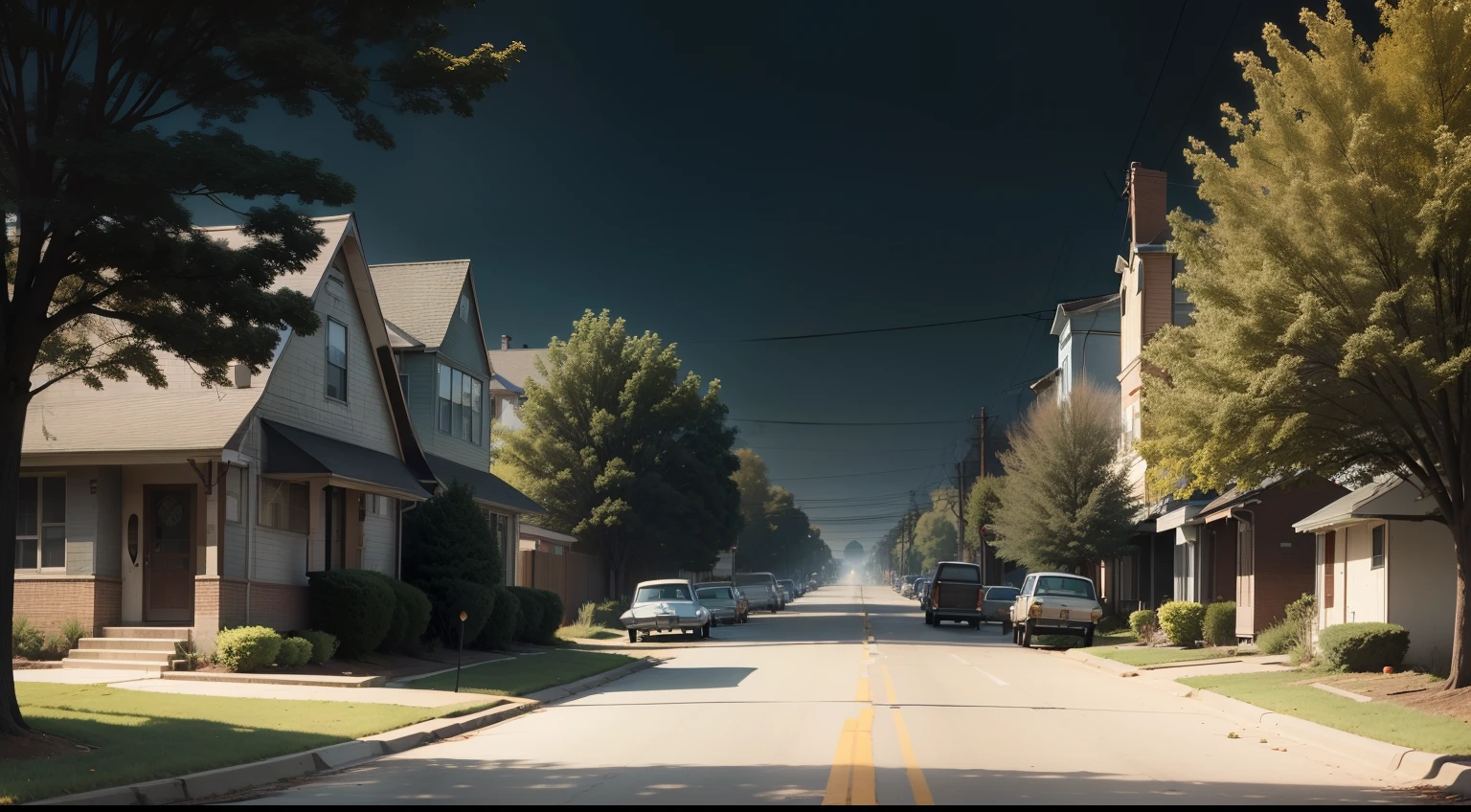 Crie uma imagem de uma rua tranquila em Lawrence, Kansas, no ano 1973. Highlight elements that convey the feeling of a serene community, with old houses and trees. Capture the atmosphere that will be rocked by dark events.