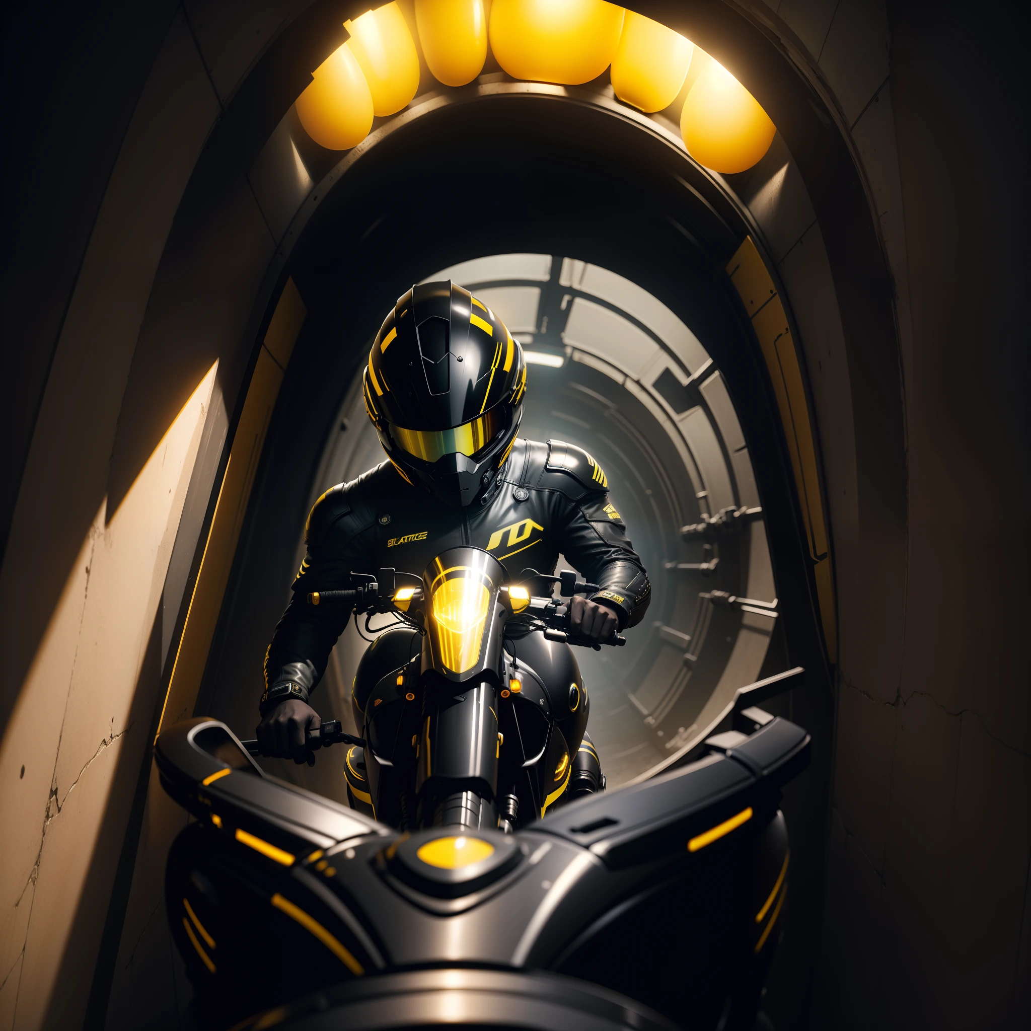 Fish eye view of black man wearing a black tinted helmet, riding a motorbike through a tunnel, with yellow bulbs on the walls of the tunnel, with iridescent light, highly detailed images, vibrant beautiful colours, photorealistic image, 8k, ultra HD, unreal engine rendered, cinematic lighting, artgerm style,