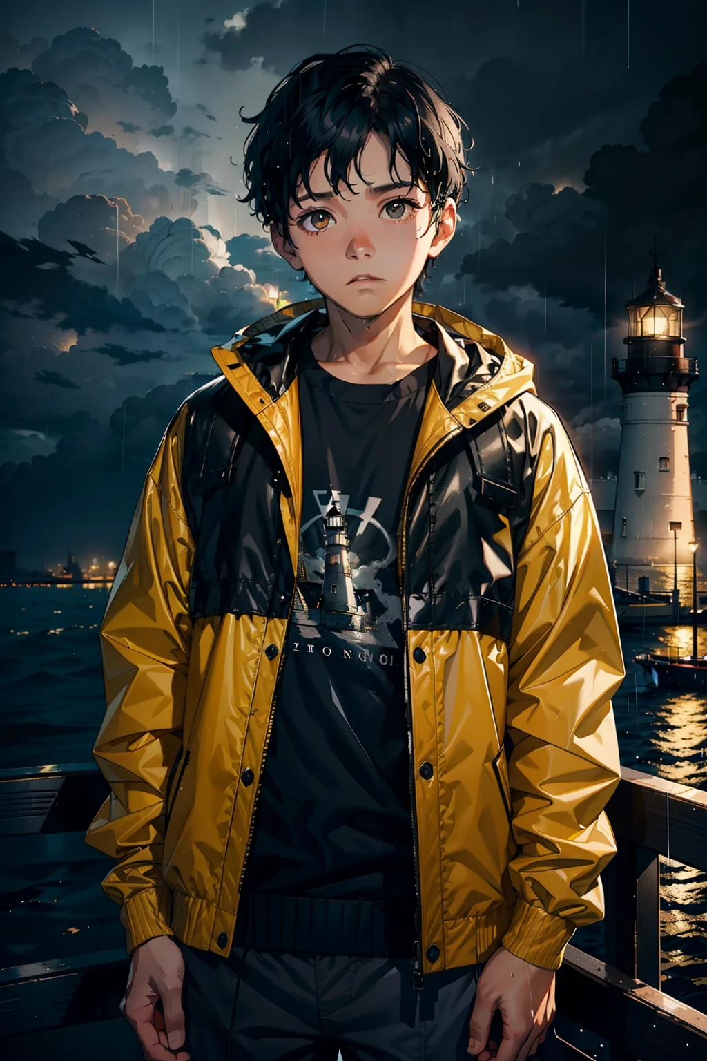 young boy, wearing a gray sweater, looking at viewer, detailed face, black hair, on a boat, yellow rain jacket, lighthouse in the background, Night, rain, Black clouds in the sky, light only on the lighthouse, 4k