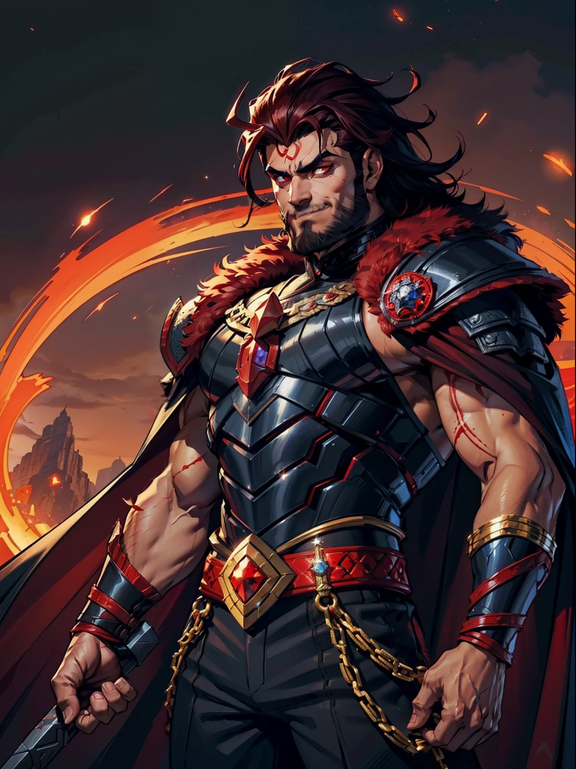 Dark night blood moon background, Hades style, game portrait. Sadurang from Marvel, hunk, buffed physics, short mane hair, mullet, defined face, detailed eyes, short beard, glowing red eyes, dark hair, wily smile, badass, dangerous. Wearing full armor with red dragon scales, cape of furs. Breath fire.