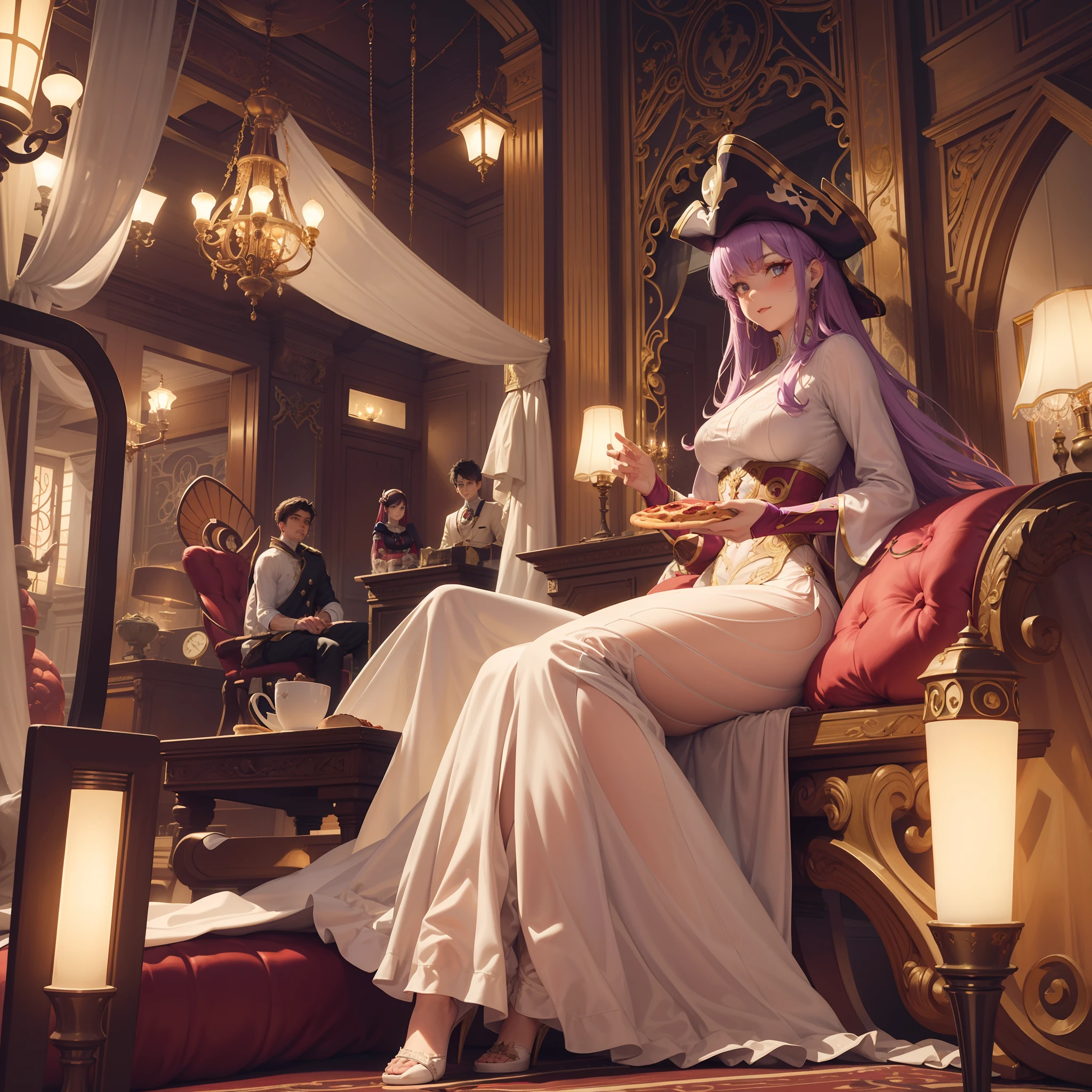 A boy dressed with pirate costume,  esting pizza with a girl dressed like a  Spider Woman with white outfit. Art nouveau living room, curvy furniture, big windows, drapped curtains. Palette with white, taupe, lilac, happy colours. Highly intrincate. Illuminated by lamps.