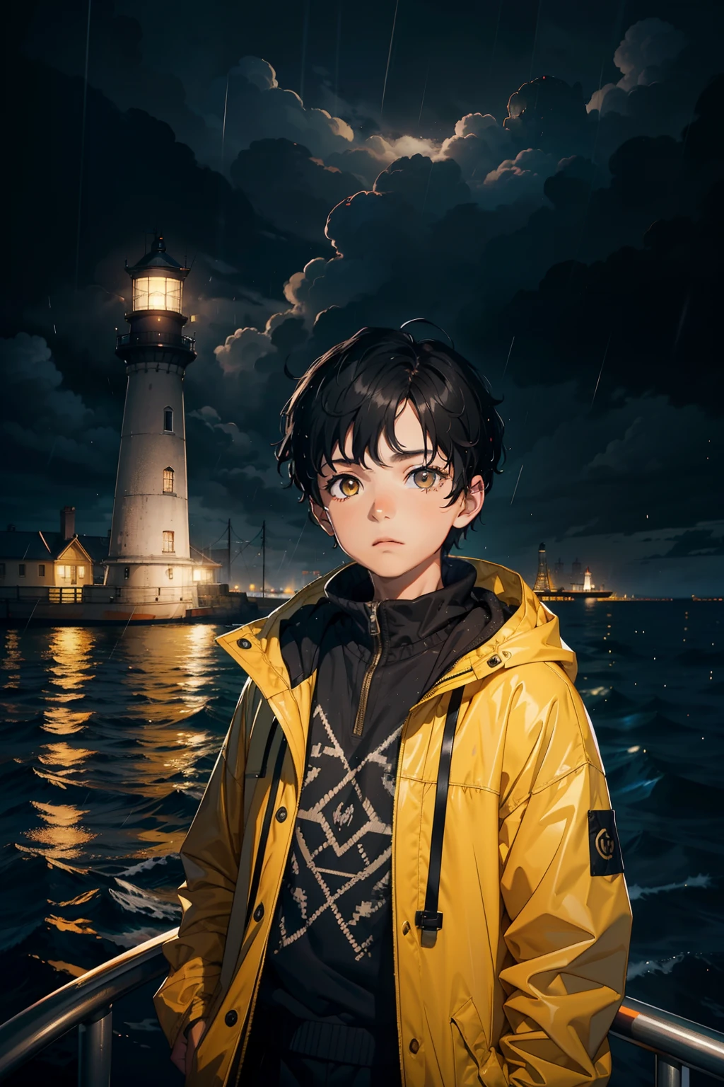 young boy, wearing a gray sweater, looking at viewer, detailed face, black hair, on a boat, yellow rain jacket, lighthouse in the background, Night, rain, Black clouds in the sky, light only on the lighthouse, 4k