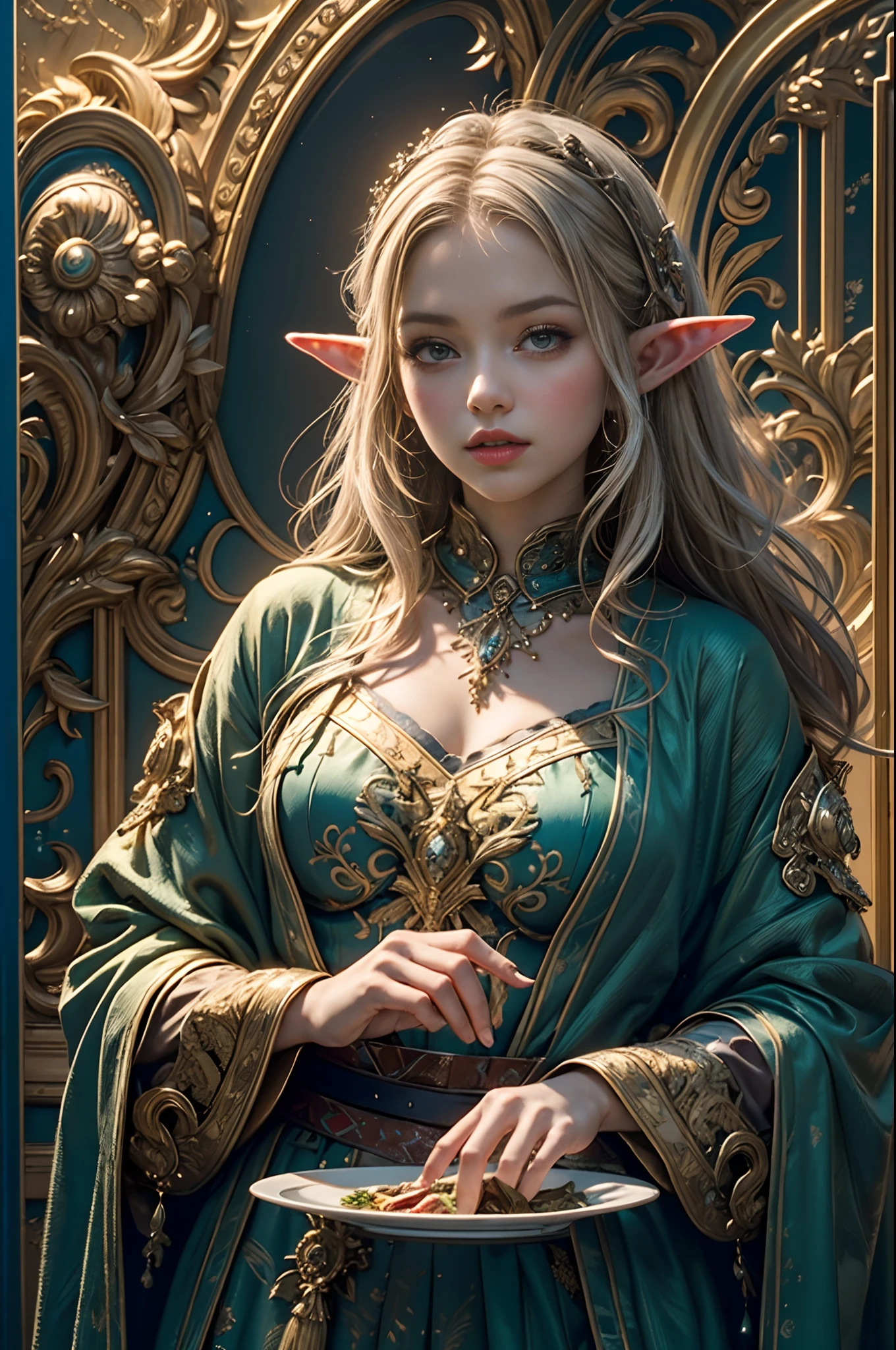 (masterpiece, top quality, best quality, official art, beautiful and aesthetic:1.2), (ung Elf warrior girl), wearing extremely detailed plate mail, long shapeless hair, (fractal art:1.3),colorful,highest detail, cinematic lighting, elven city background.
