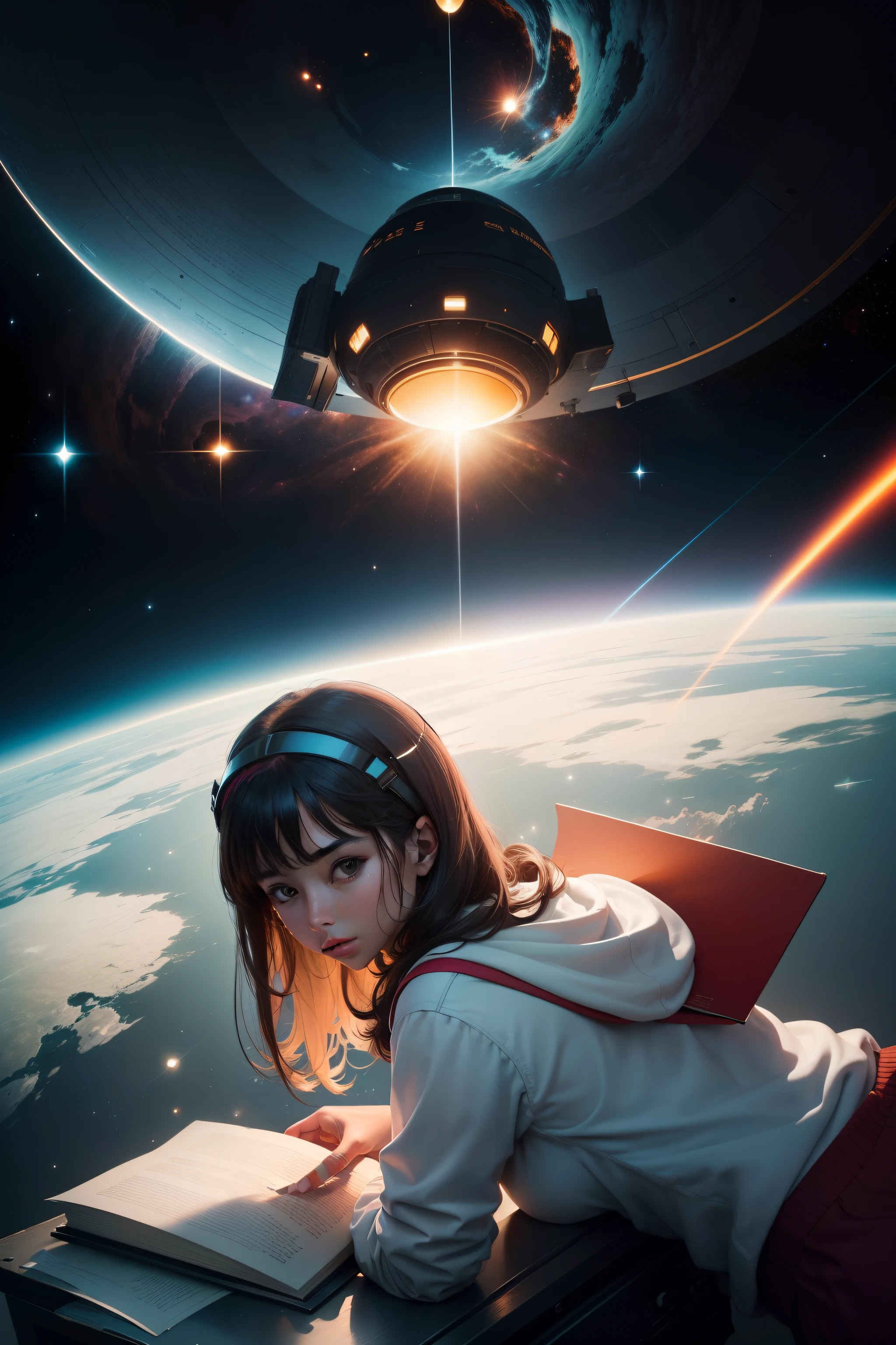 You will create the image of a loose book in outer space in a very modern style. The image will have nothing to do with human figures, de nenhuma forma. The image should be strong and attractive and at the same time symbolize how books open up various universes