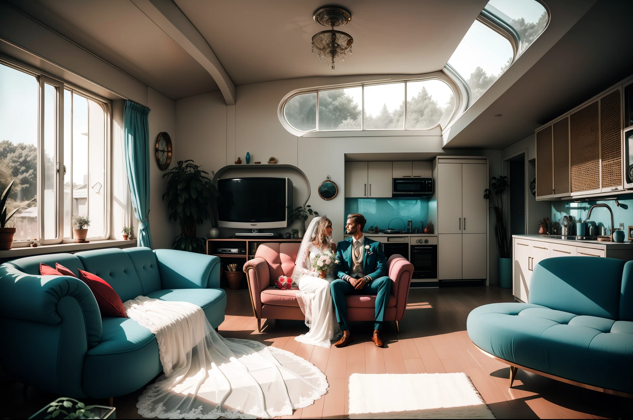 Bride and groom chilling out in a human house . Gromm with hippie chic suite. Bride with silver tiara, boho line wedding dress, short veil. Retrofuturistic house as background, big rounded windows, round tv, 1970's style furniture. Colorful image. Palette of light blue, teal, red, pink, black, beige. Illuminated by light through the windows. Highly detailed. Photorealistic.