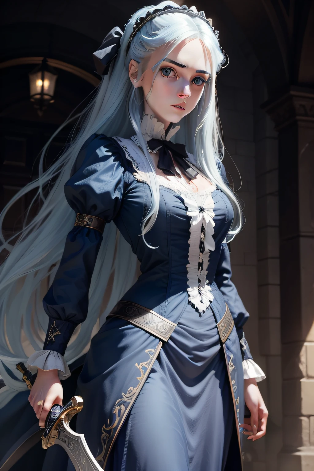 female wight long hair victorian dress sword blue eyes