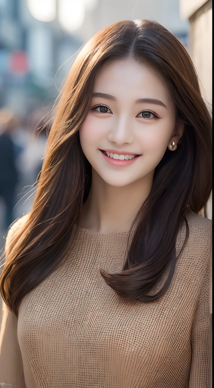 ((Best quality, 8k, Masterpiece :1.3)), 1girl, smiling, full body, slim face, Pretty woman, (Dark brown hair), full length dress :1.1, Ultra-detailed face, Detailed eyes, Double eyelid, blur background, slim face, city, outside, street,