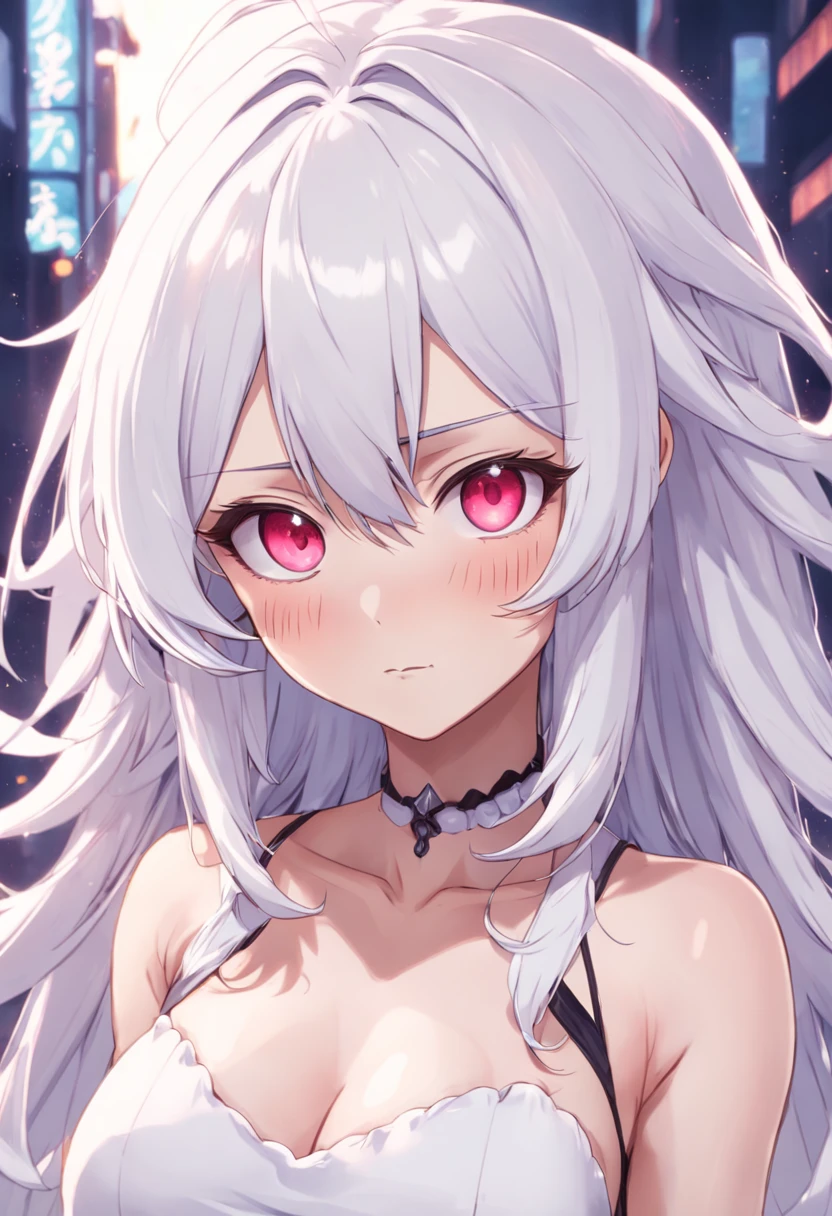 Chica de anime con cabello largo y blanco y ojos morados posando para una foto, Ahegao, Deidad de pelo blanco, Cara de Ahegao, Chica con el pelo blanco, seductora chica de anime, Chica perfecta de pelo blanco, cano, pelo blanco, Dama de pelo blanco, chica de cabello plateado, Soft anime illustration, Chica Cabello Plateado, Shikamimi, Anime CG arte suave. Front View, vista frontal, de frente. Modelo Vtuber, Vtuber model, front side view,