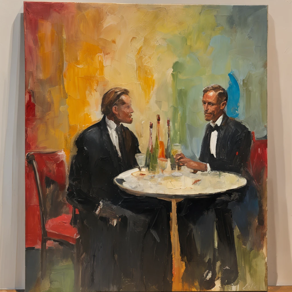 imagine a man and woman sitting across from each other at a fine restaurant table, she is beautiful, with long brown air, blue eyes, and a black evening dress on, he is handsome and in a black suit with a tie, There is food and drink on the table, a faded crowd in the background, this is surreal, dreamy, romantic lighting, oil on canvas painted in Ambrose Mcevoy, 8k resolution