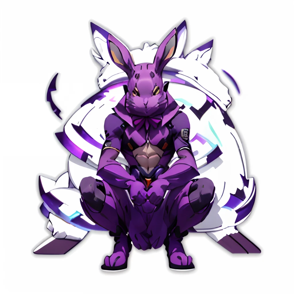 Close up of purple rabbit sitting on white surface, rabbt_Character, rabbit warrior, inspired by Kanbun Master, Anthropomorphic rabbit, Nasassa, electrixbunny, Rabbit, koda kazuma, transforming into his final form, Official Character Art, kazuma kaneko, anthro art, by Kanbun Master, no type