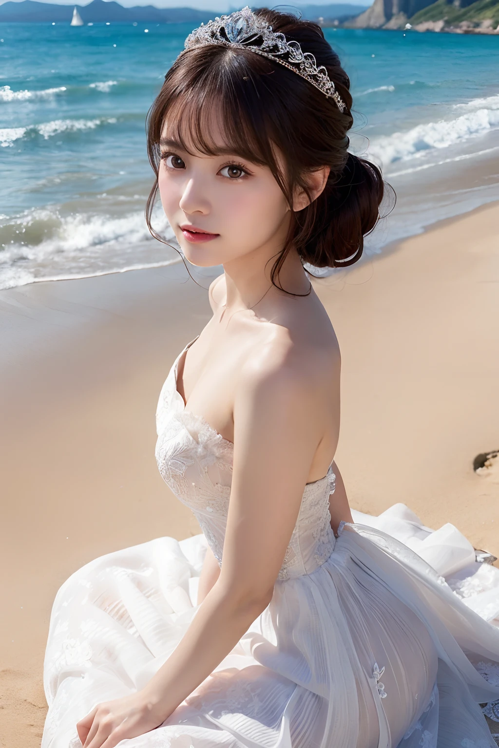 (Extremely delicate and beautiful work)、(tmasterpiece)、Very detailed princess wedding dress、crewneck、Bridal tiara、Bridal veil、poneyTail、Enchanted expression、beautiful and clear eyes、simple blurr background、Mare、Ultra-fine painting、delicated face、Delicate figure、Thin Clavicle、Beautiful lips、、(8K、RAW photography、top-quality、tmasterpiece:1.2), (reallistic, Photorealsitic:1.37)、Cute、Professional lighting, photon maping, Radio City, ((Low-angle full-body shooting))、[[[valley]]]、(Sand beach in the background:1.2)