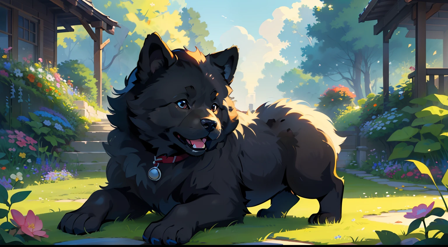 (masterpiece, charming illustration of a fluffy black Chow Chow puppy in a garden:1.3), (captivating depiction designed to engage children's imagination:1.2), (meticulously illustrated with attention to capturing the adorable essence of the breed:1.2), (the Chow Chow puppy's distinct fluffiness and color adding to its cuteness:1.1), (set within a vibrant garden scene filled with colorful flowers and greenery:1.1), (the puppy's playful demeanor and curious expression reflecting its youthful energy:1.1), (meticulous detailing of the puppy's fur, capturing its soft texture:1.1), (a portrayal that invites children to imagine playful interactions in a joyful outdoor setting:1.1), (an image that exudes warmth, comfort, and the joy of companionship:1.1), (an illustration that encourages storytelling and creativity through visual exploration:1.1), (an artwork that captures the innocence and wonder of childhood and the charm of a beloved furry friend:1.1))