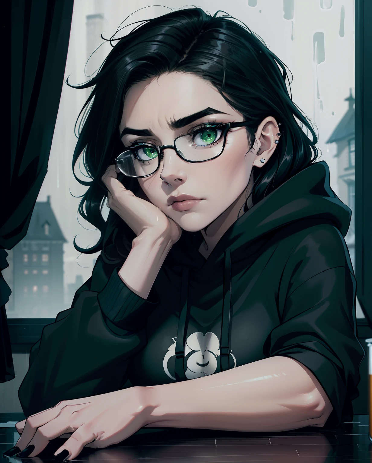 Best quality, volumetric lighting, cool ambient lighting, masterpiece, ultra high res, 4k, (soft round detailed face), (sad expression), detailed green eyes with dark circles, depressed, melancholy, (very pale light skin), (bare legs), detailed black hair, ((long messy greasy hair)), (wearing rounded glasses), unwashed, unkempt, disheveled, dark grey hoodie, modern furniture, tangled electrical cables, electronics, rainy window in background, dark clouds