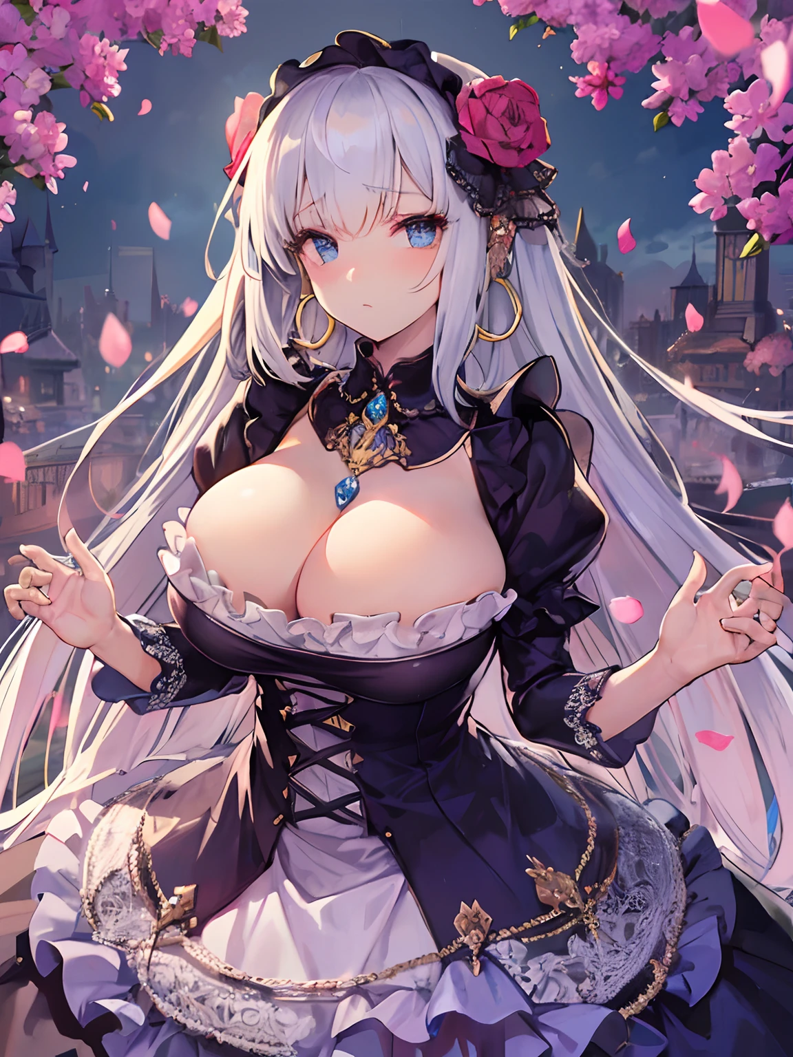 ((Anime Art Style)),(masutepiece),(Best Quality), (Super Detail),((Very delicate and beautiful)),(((Solo))),((Full body)),(((One princess in a voluminous full-length hoop skirt and a very gorgeous maid dress))),((Stand in the garden)),Long Train,(Glittery Gorgeous Gemstone Jewelry),Detailed face and eyes,Eyes Like Gems,cry,((Large amount of straight hair,Very voluminous、Very long straight hair)),((Colossal tits,Long Boobs)),cleavage,(gorgeous embroidery and lace),Gorgeous corsage,See-through,((Very gorgeous ta hair ornament)),Tiara adorned with glitter and very gorgeous jewels,ornate ruffles,Beautiful embroidery,(hoop skirt,crinoline),Flowers, Petals flow,((Dynamic Angle)),Looking at Viewer,((Full body))