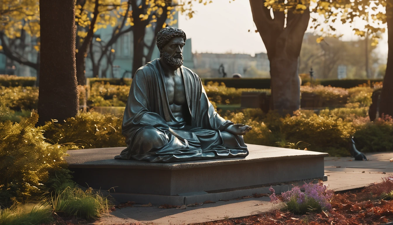 Captivating images from philosophy books, stoic statues, and scenes from modern life with a stoic twist, like someone meditating in a peaceful park.)